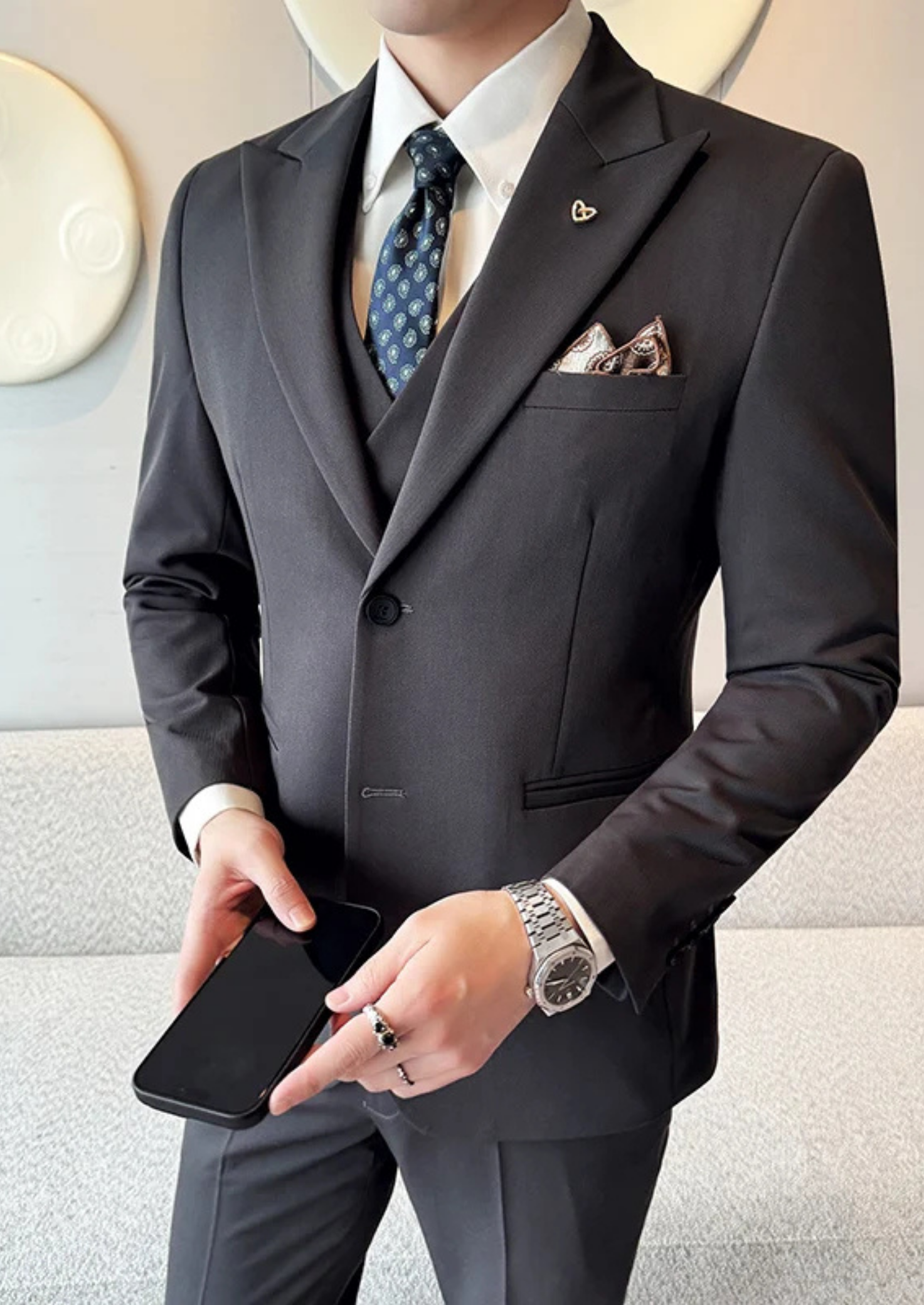 Men’s Three-Piece Suit Set with Two-Button Blazer