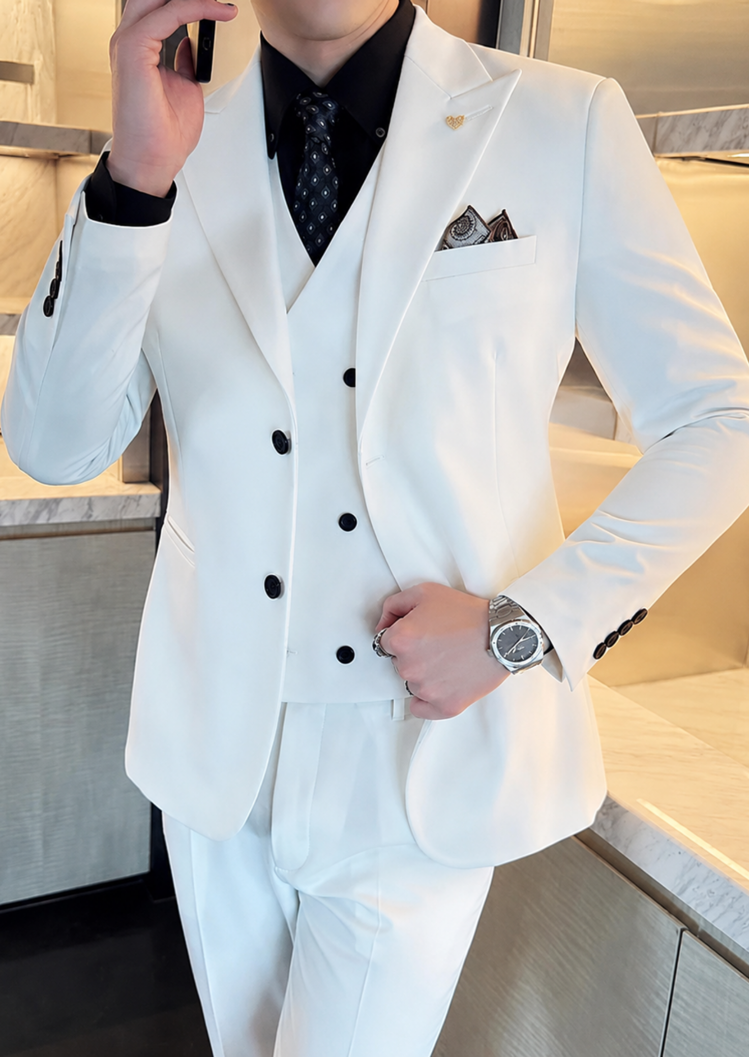 Men’s Three-Piece Suit Set with Two-Button Blazer