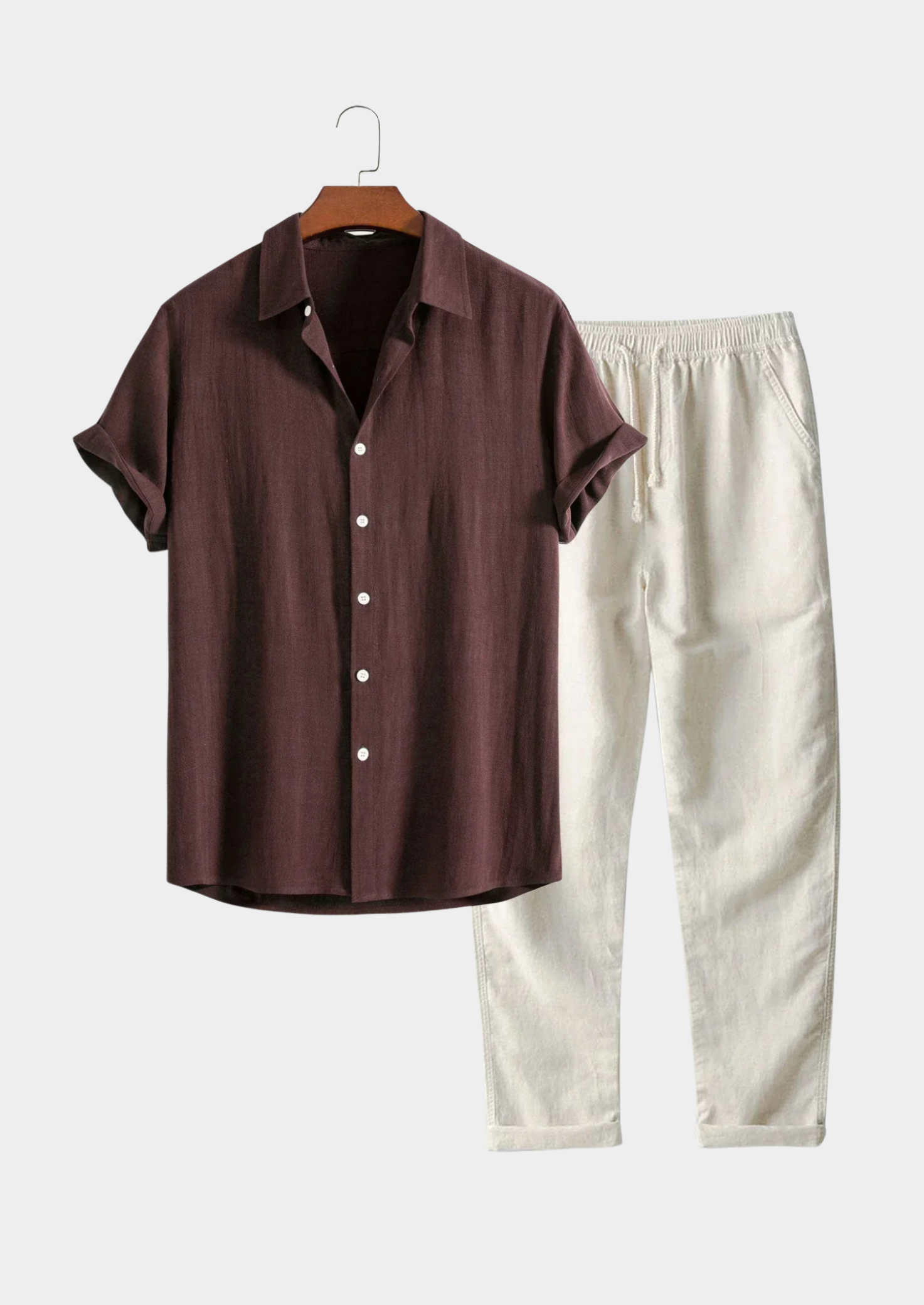 Men’s Two-Piece Linen Set with Short Sleeve Shirt and Drawstring Pants