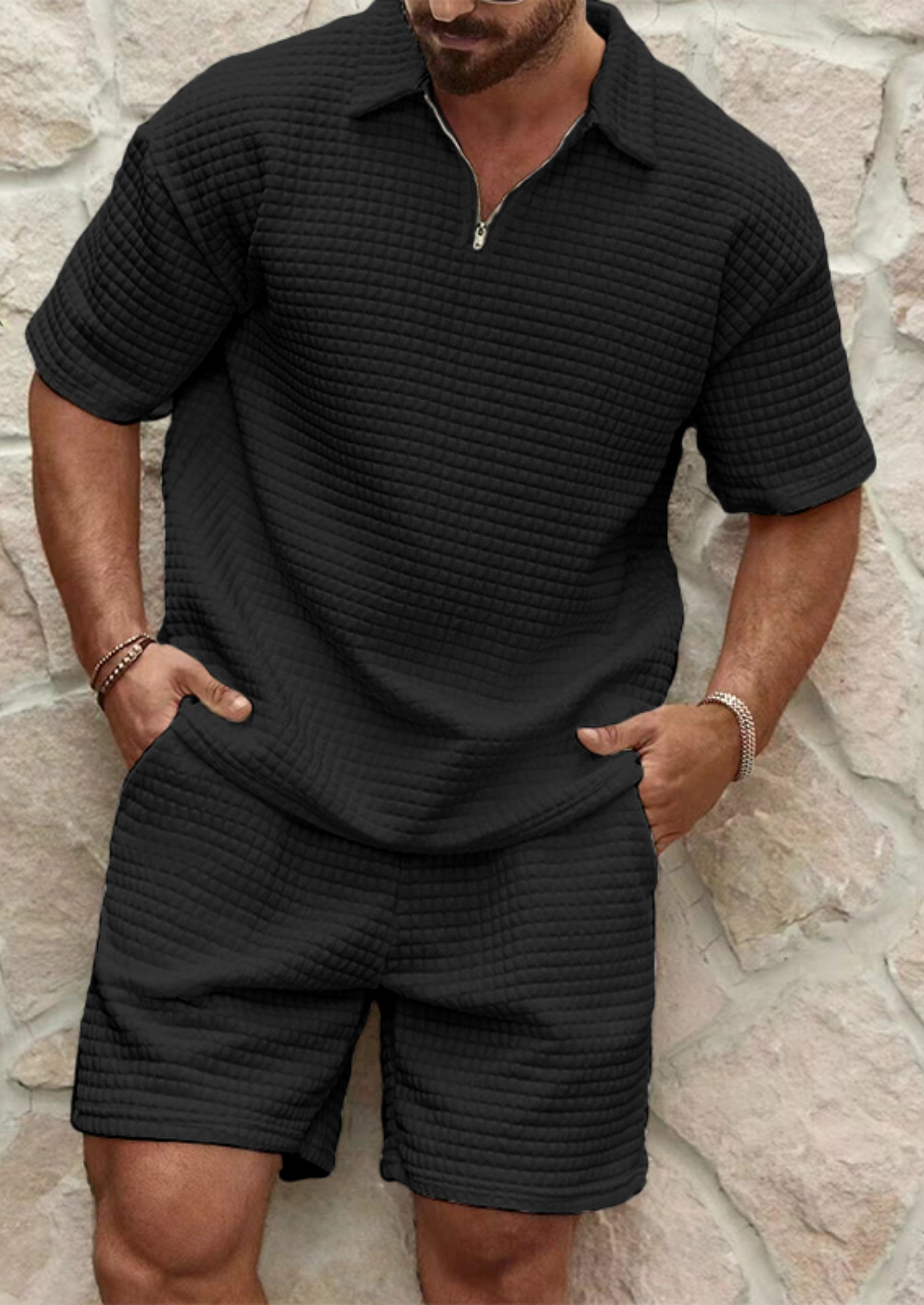Men’s Two-Piece Short Set with Textured Polo Shirt and Shorts