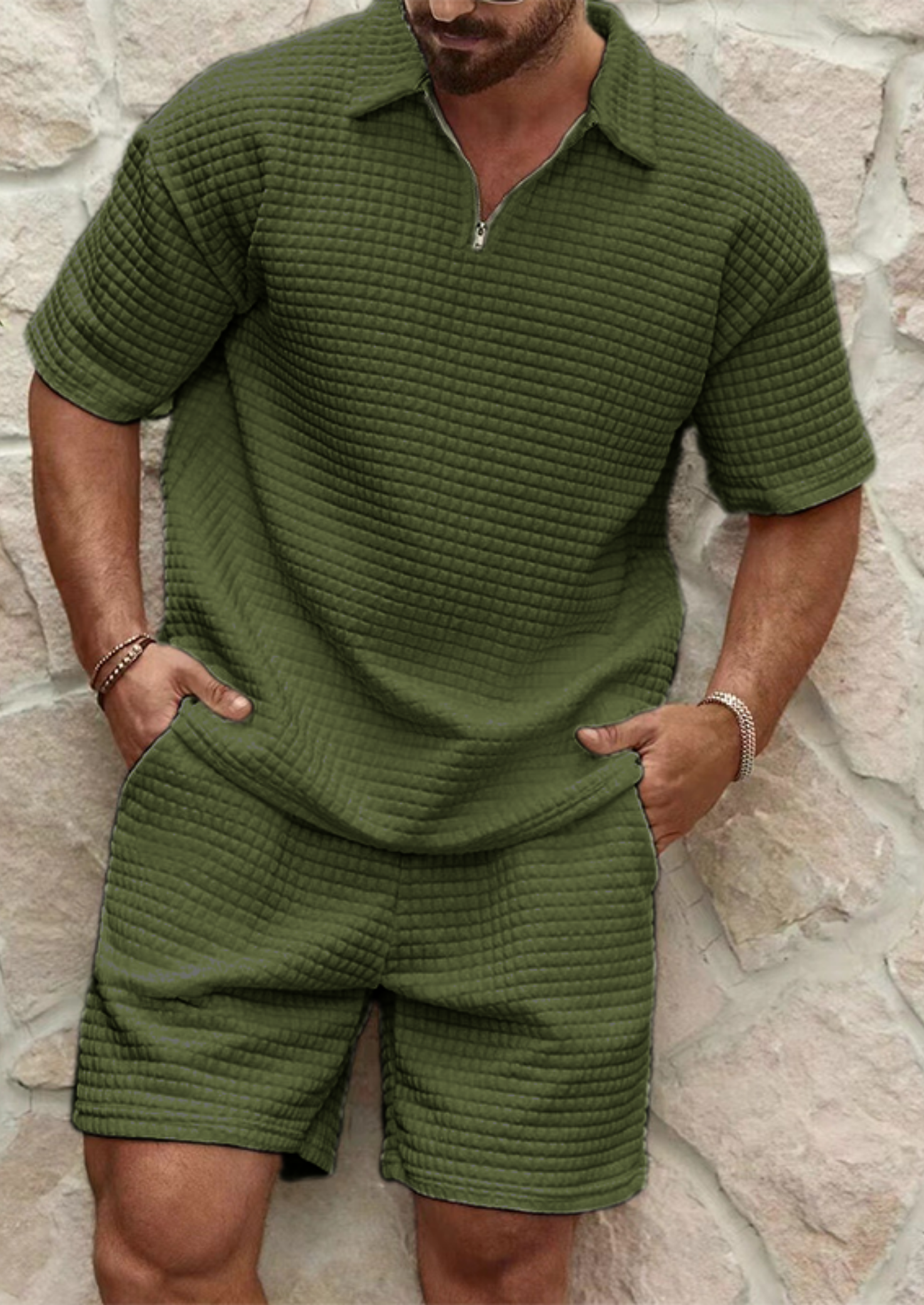 Men’s Two-Piece Short Set with Textured Polo Shirt and Shorts