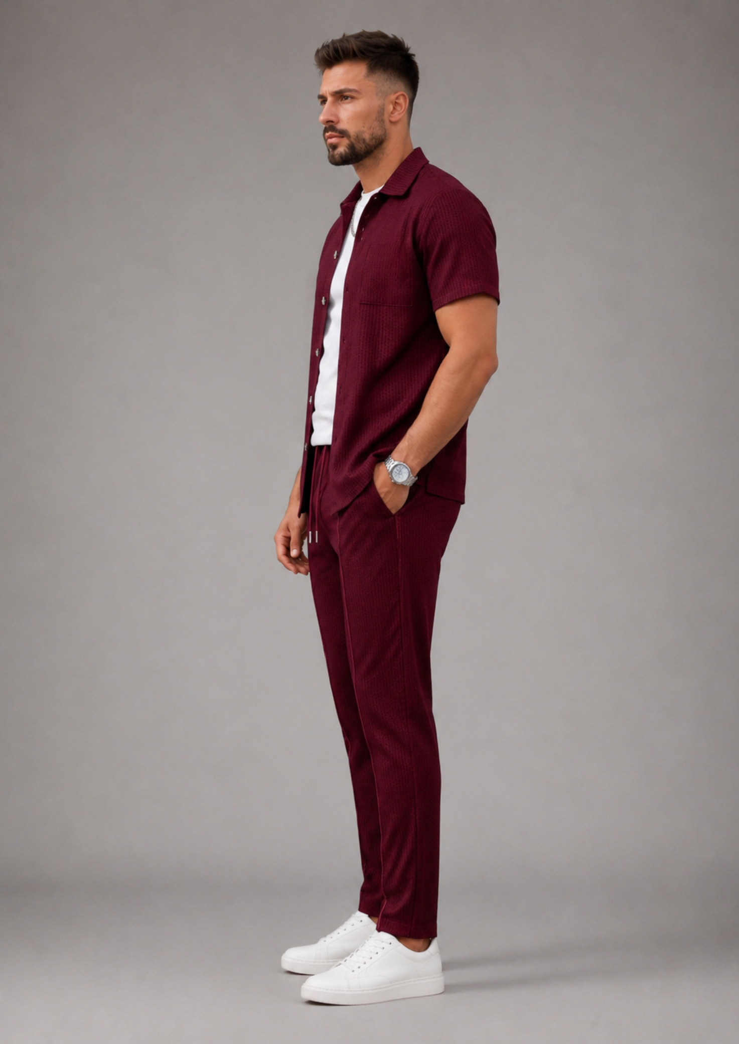 Men’s Waffle Knit Shirt and Trouser Set with Short Sleeves