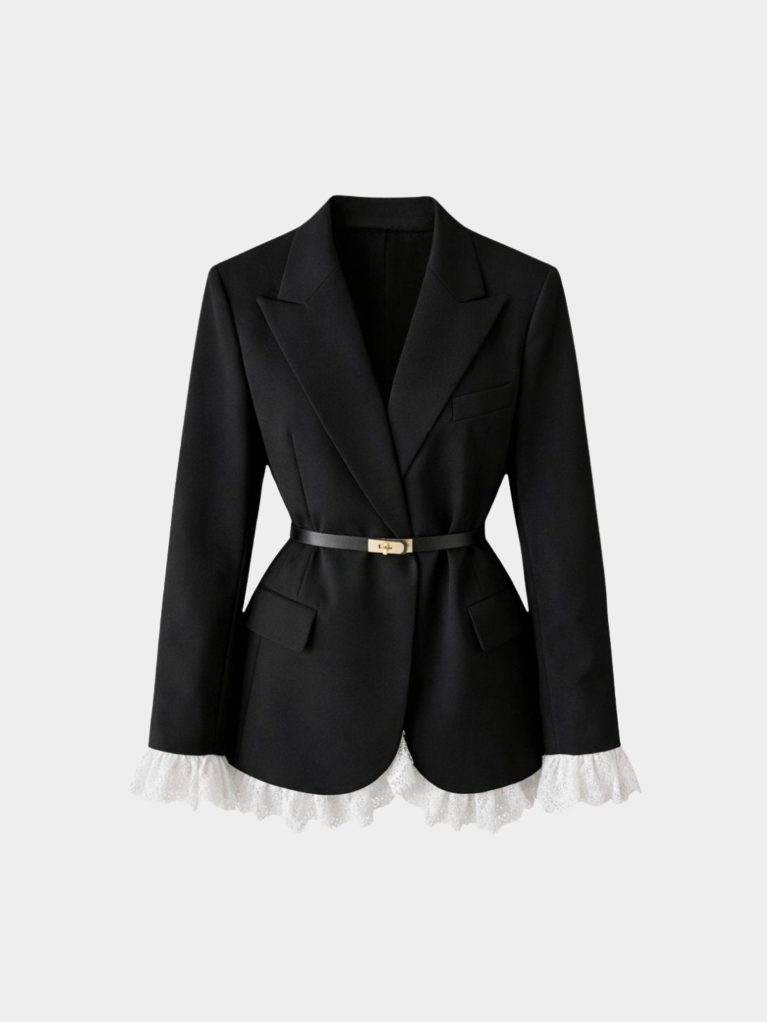 Women’s Black Blazer Jacket with Belt and White Ruffle Trim