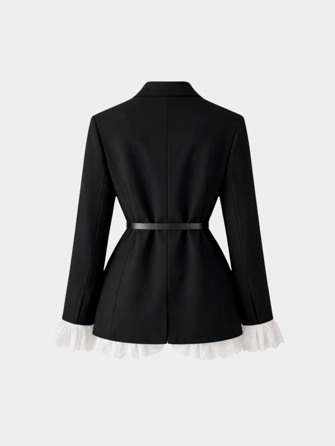 Women’s Black Blazer Jacket with Belt and White Ruffle Trim