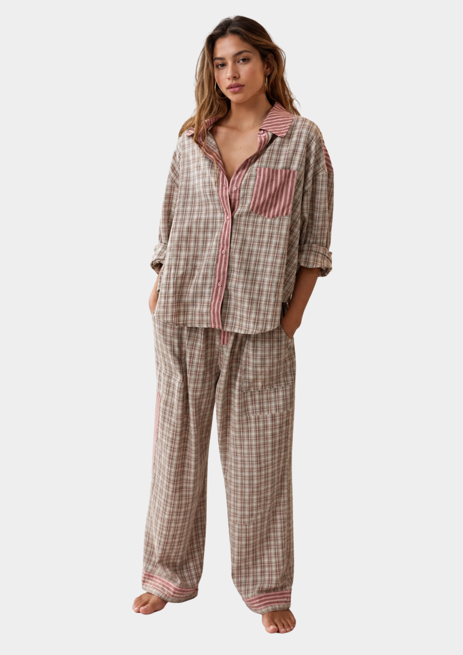 Women’s Contrast Trim Checked Pyjama Set