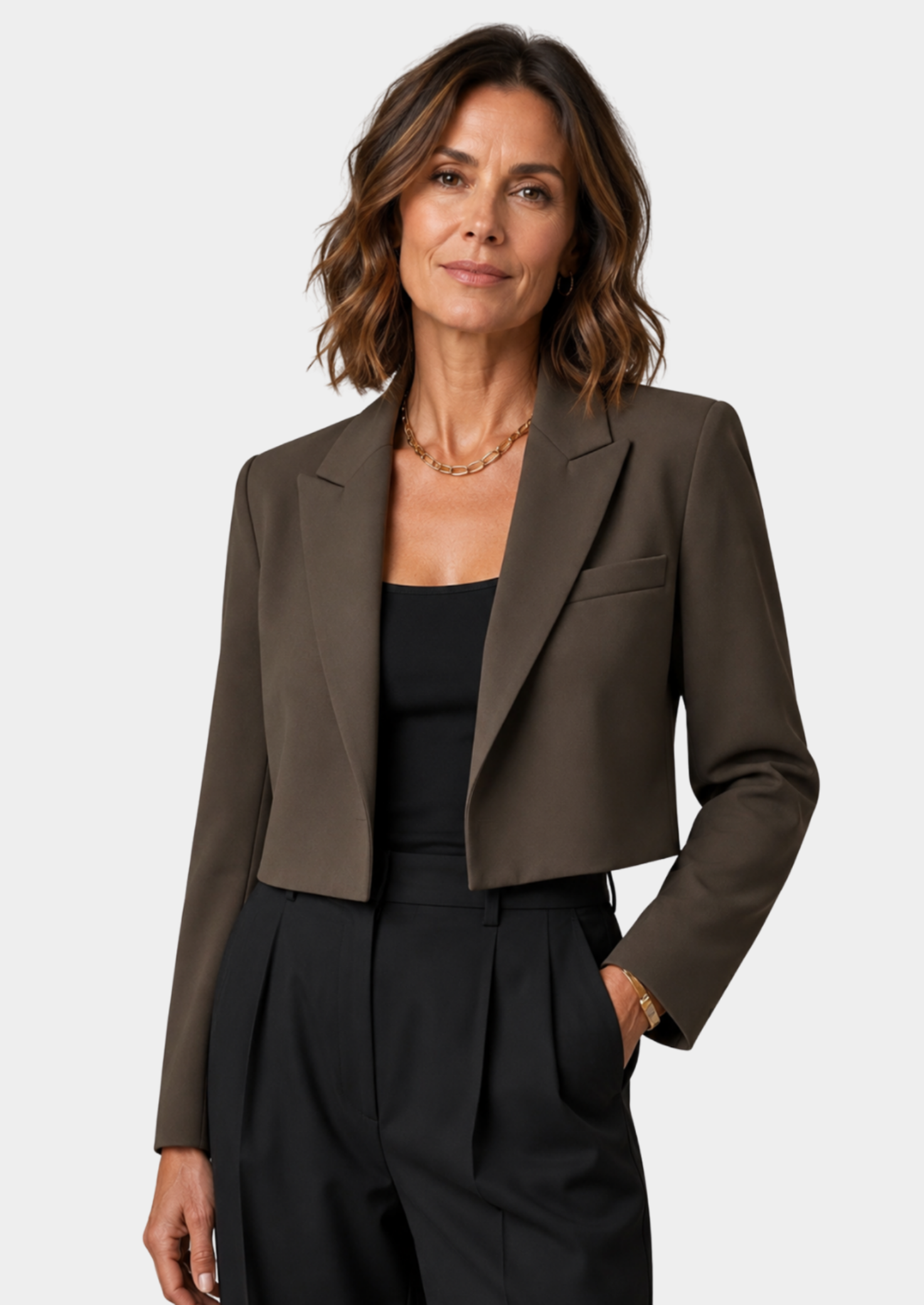 Women’s Cropped Blazer with Notched Lapel and Long Sleeves