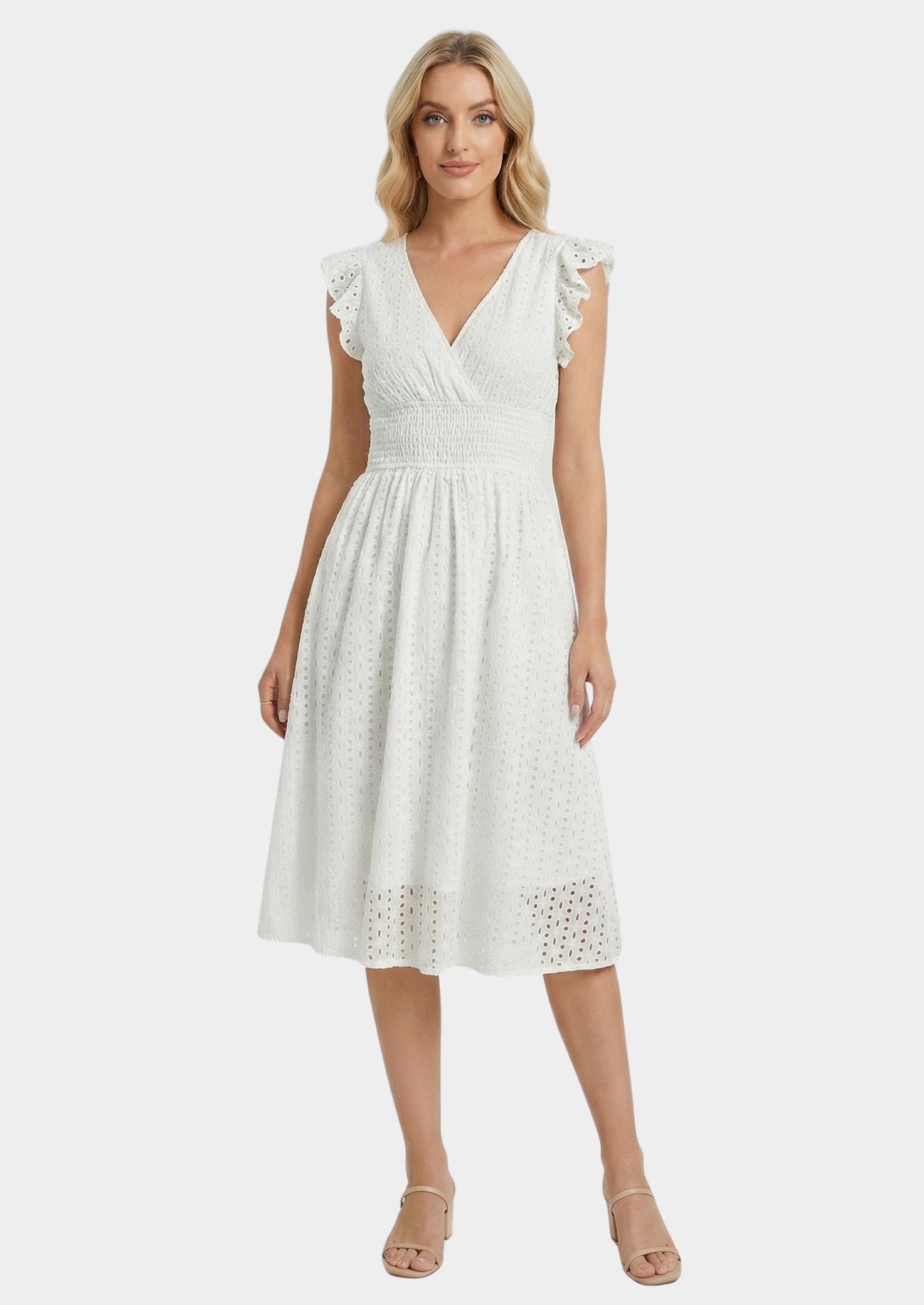 Women’s Eyelet Midi Dress with Ruffle Cap Sleeves