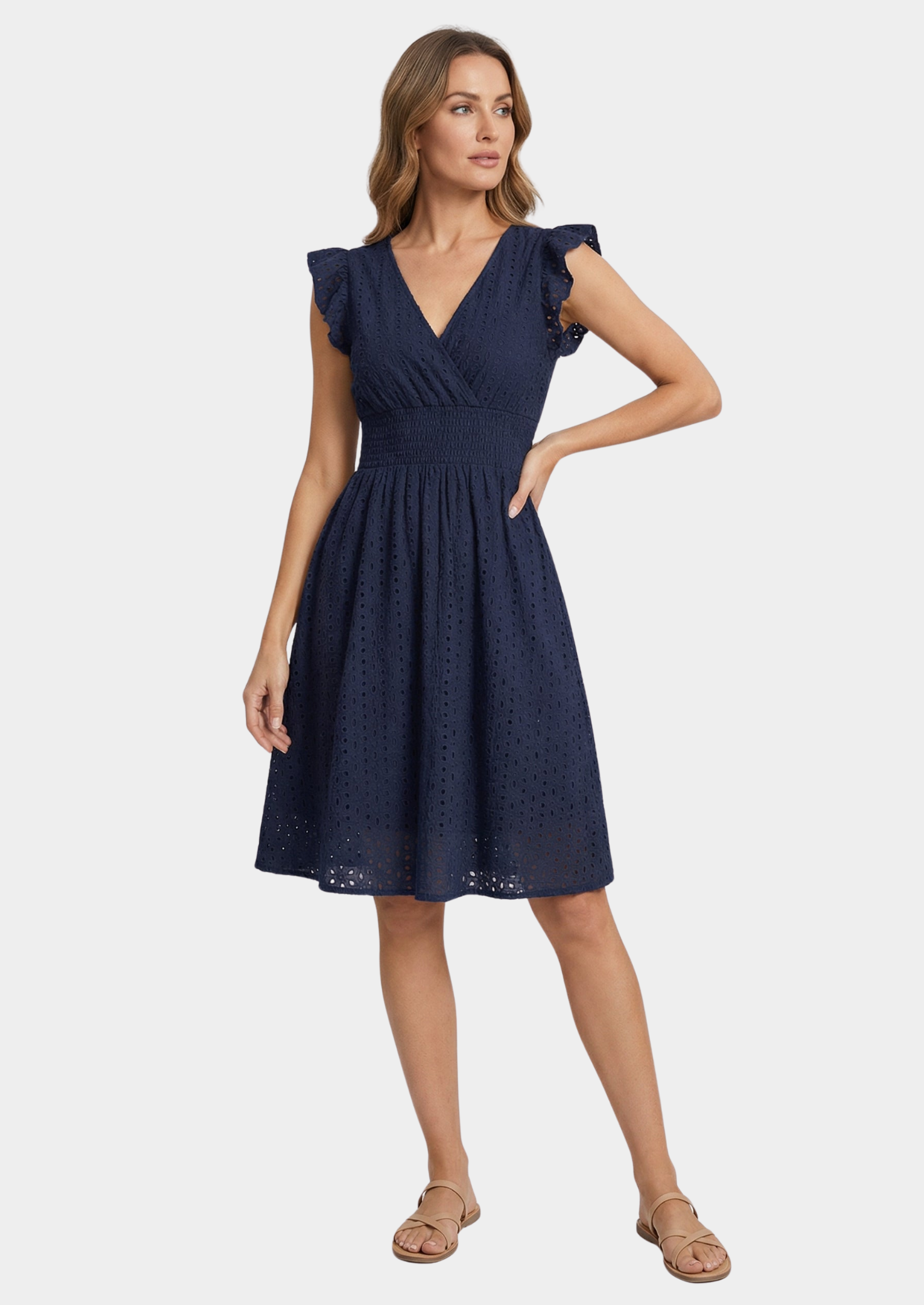 Women’s Eyelet Midi Dress with Ruffle Cap Sleeves