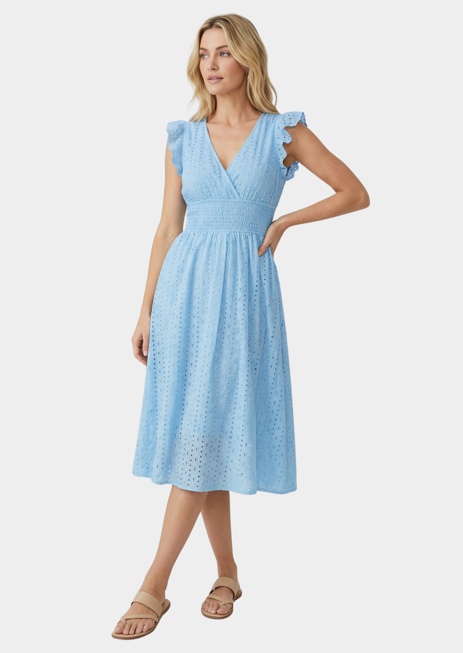 Women’s Eyelet Midi Dress with Ruffle Cap Sleeves