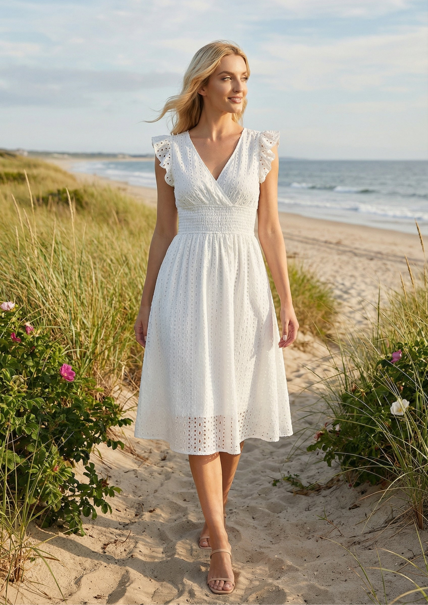 Women’s Eyelet Midi Dress with Ruffle Cap Sleeves