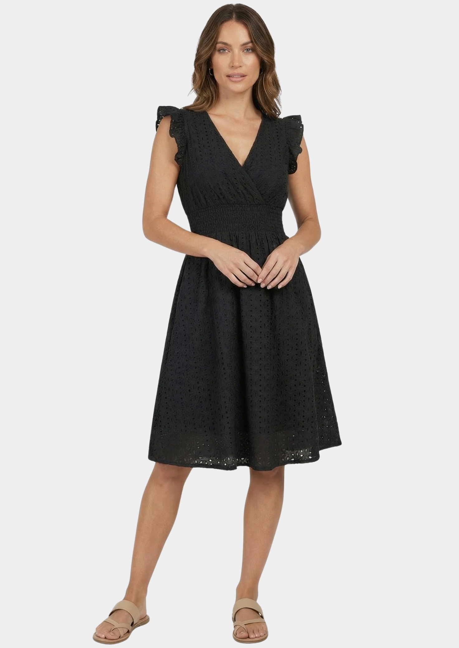 Women’s Eyelet Midi Dress with Ruffle Cap Sleeves