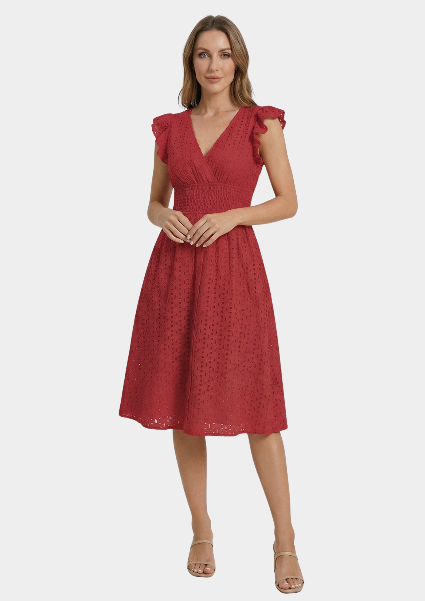 Women’s Eyelet Midi Dress with Ruffle Cap Sleeves