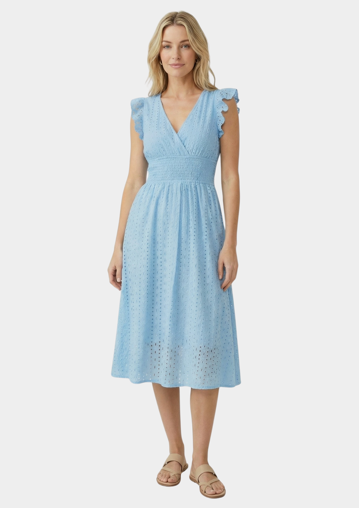 Women’s Eyelet Midi Dress with Ruffle Cap Sleeves