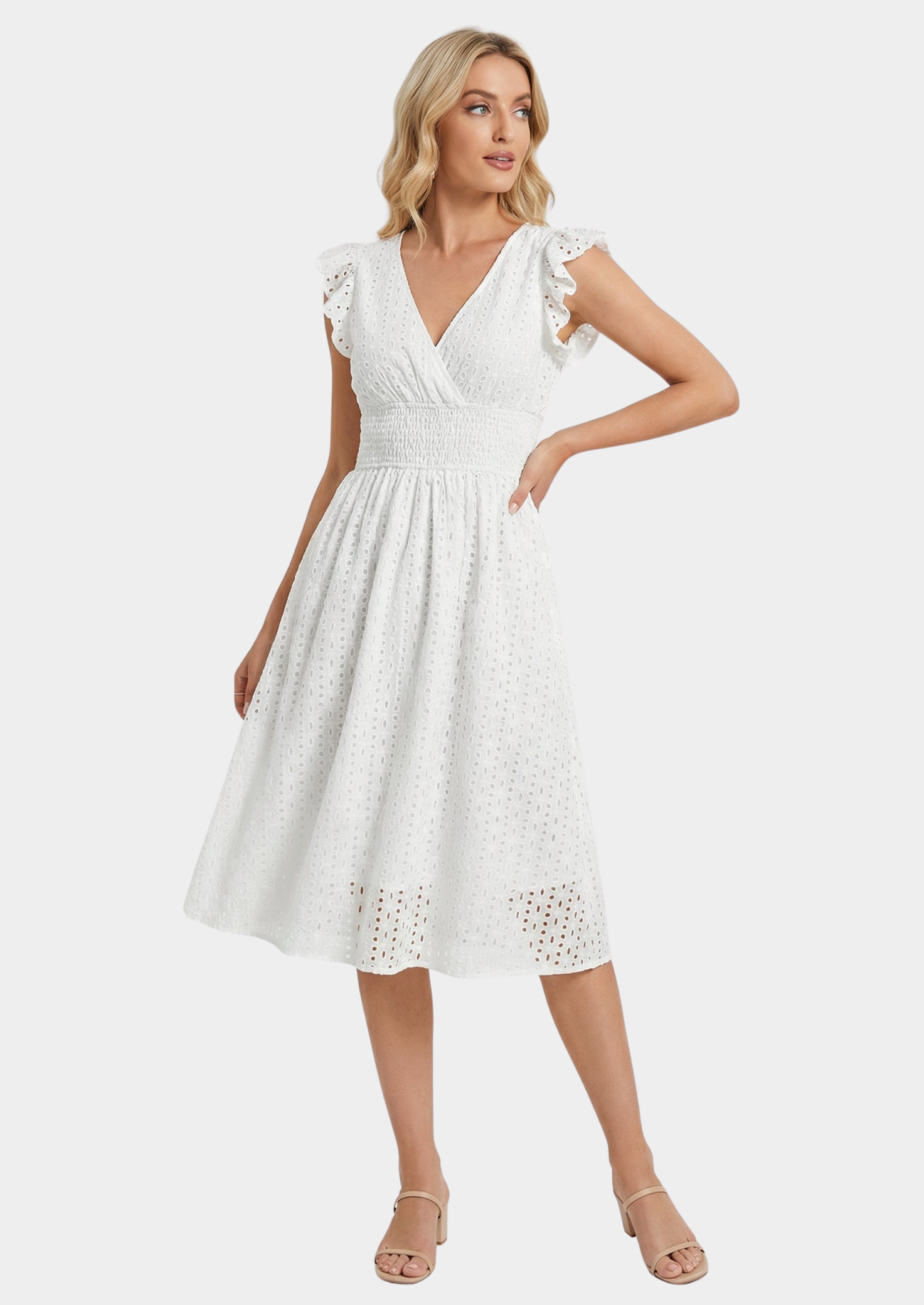 Women’s Eyelet Midi Dress with Ruffle Cap Sleeves