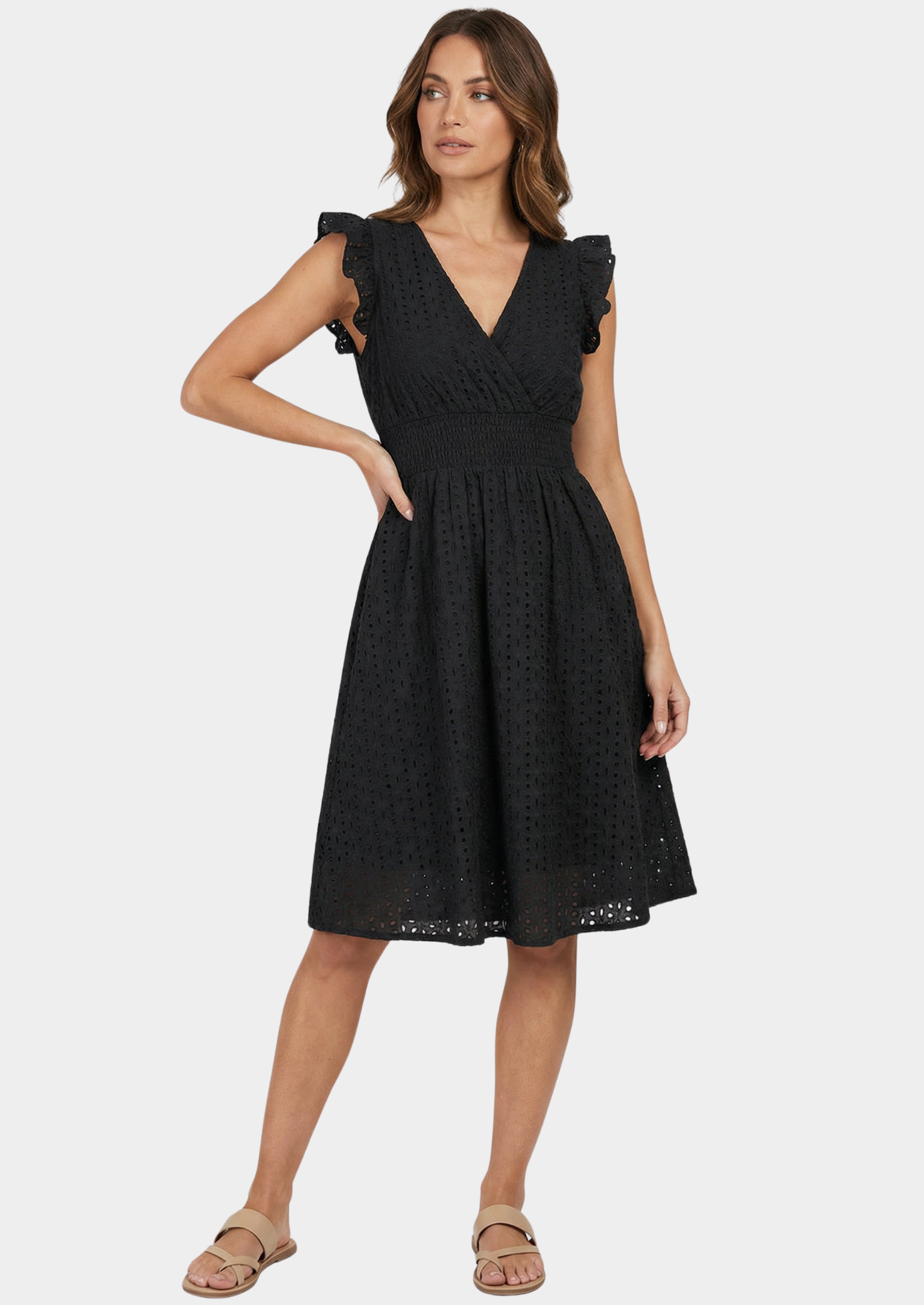 Women’s Eyelet Midi Dress with Ruffle Cap Sleeves