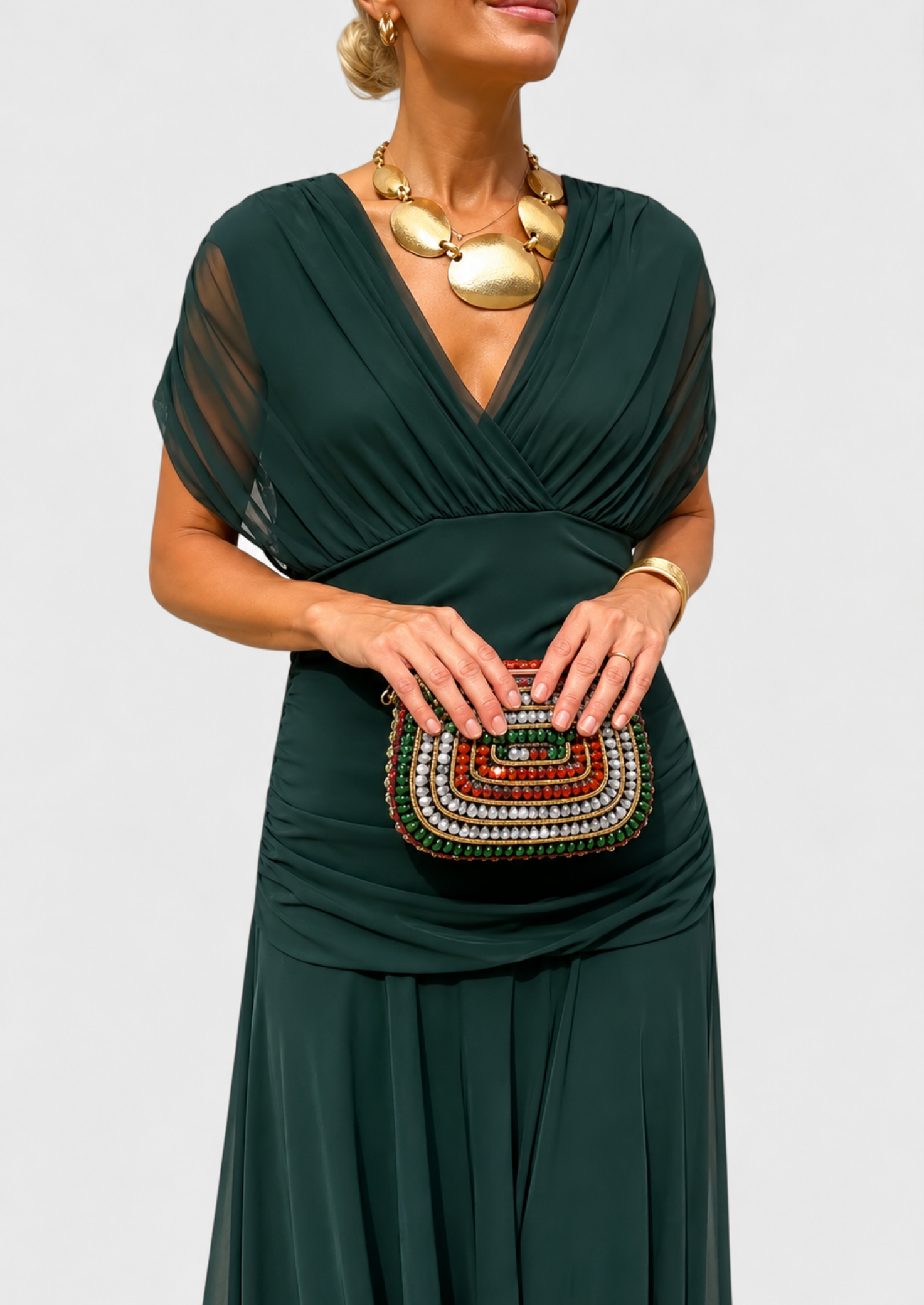 Women’s Floral Draped Maxi Dress with V-Neck and Gathered Waist