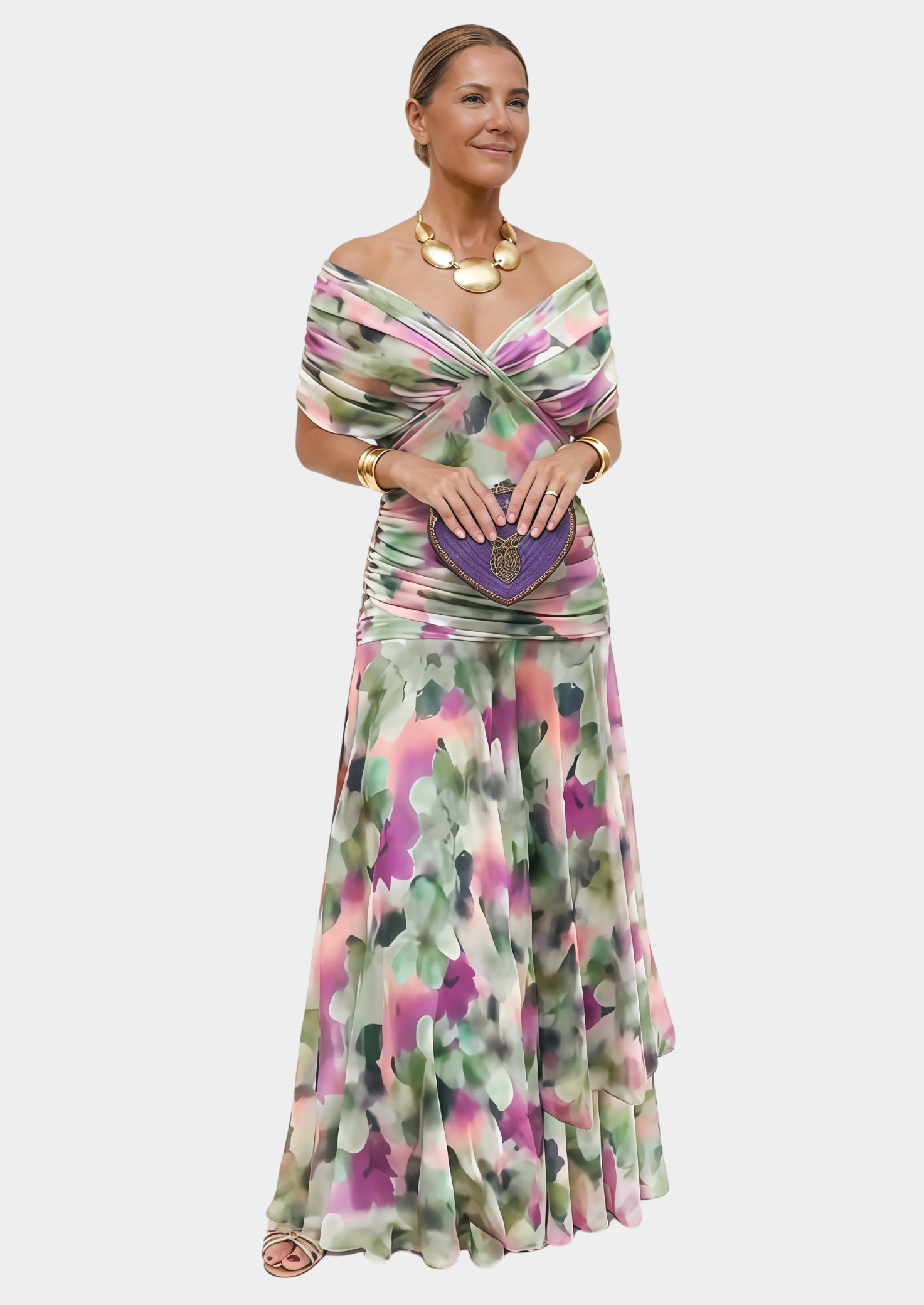 Women’s Floral Draped Maxi Dress with V-Neck and Gathered Waist