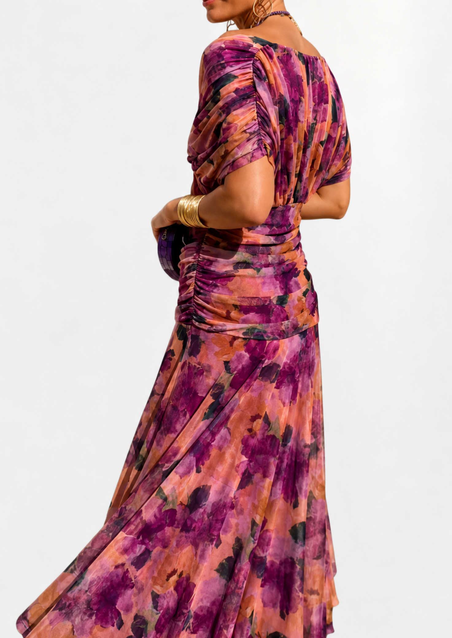 Women’s Floral Draped Maxi Dress with V-Neck and Gathered Waist
