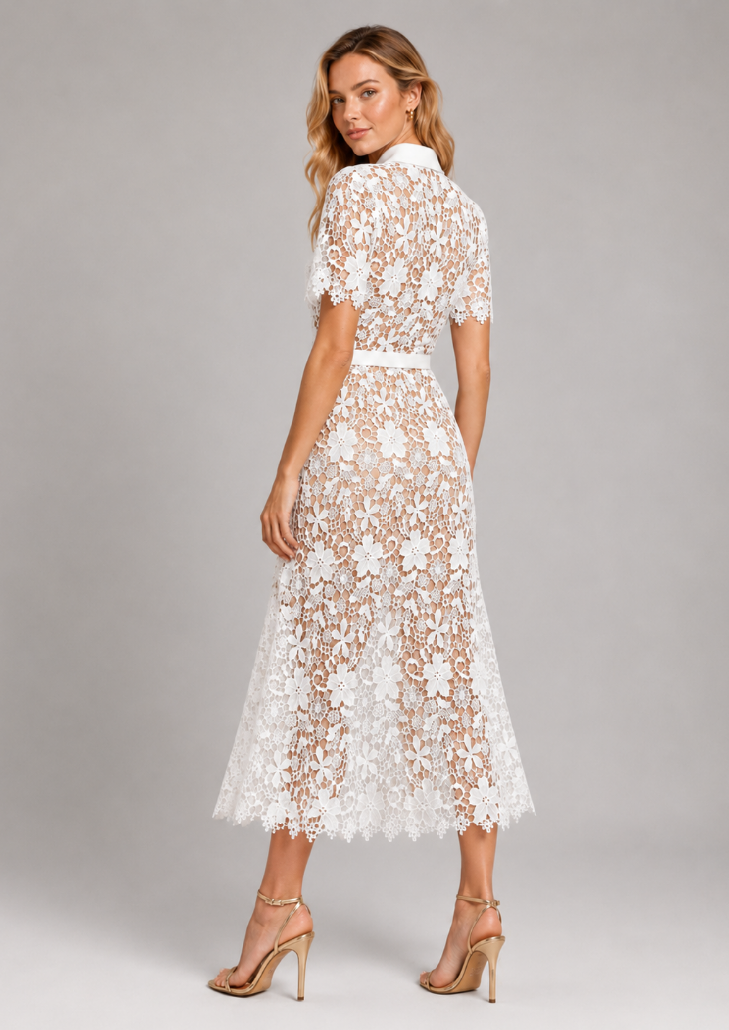 Women’s Floral Lace Midi Dress with Short Sleeves and Belt