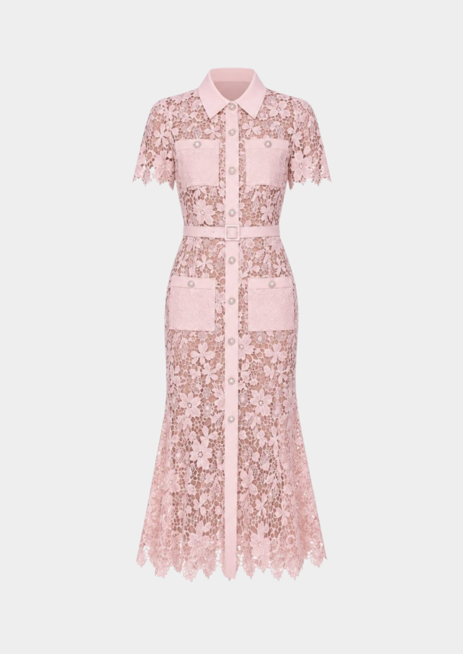 Women’s Floral Lace Midi Dress with Short Sleeves and Belt