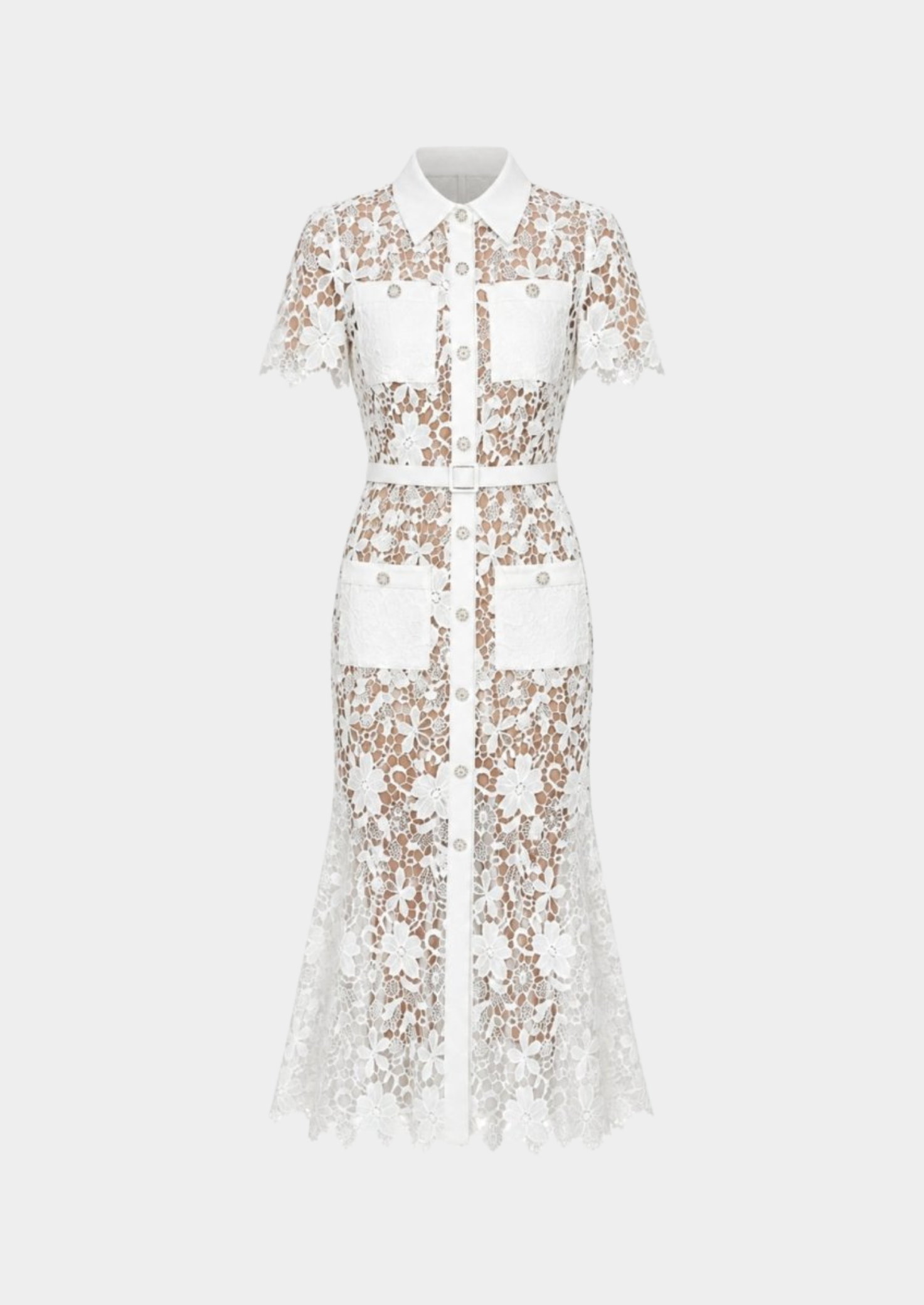 Women’s Floral Lace Midi Dress with Short Sleeves and Belt