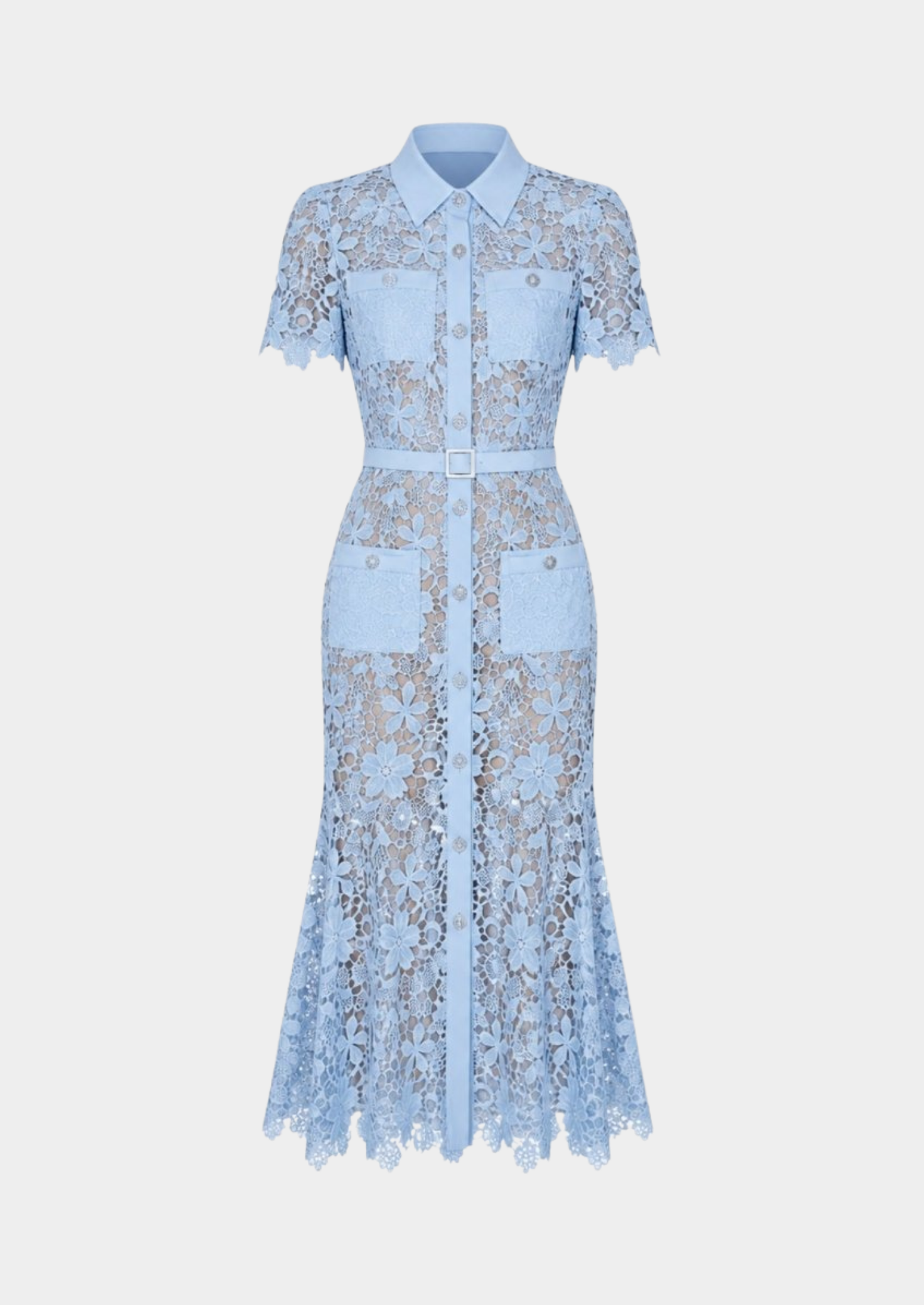 Women’s Floral Lace Midi Dress with Short Sleeves and Belt