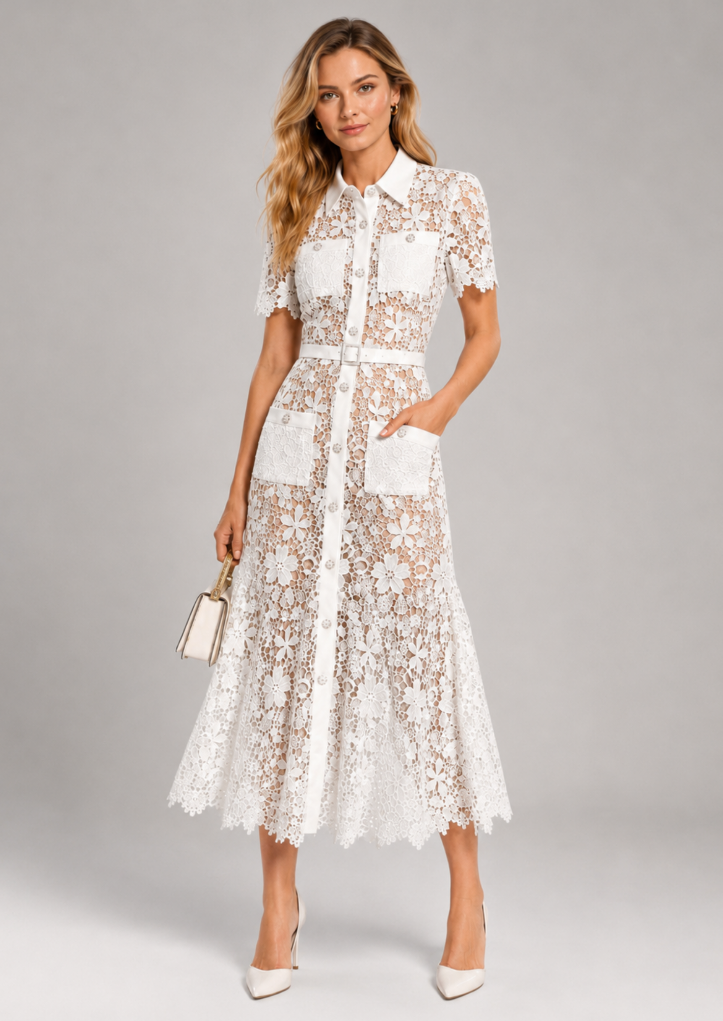 Women’s Floral Lace Midi Dress with Short Sleeves and Belt