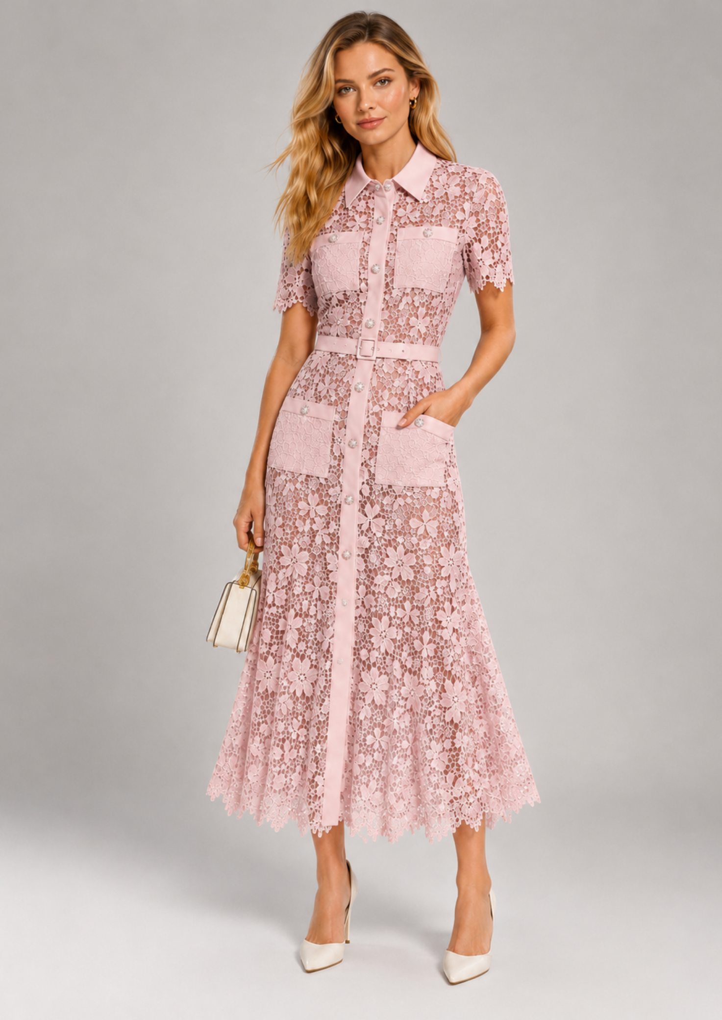 Women’s Floral Lace Midi Dress with Short Sleeves and Belt