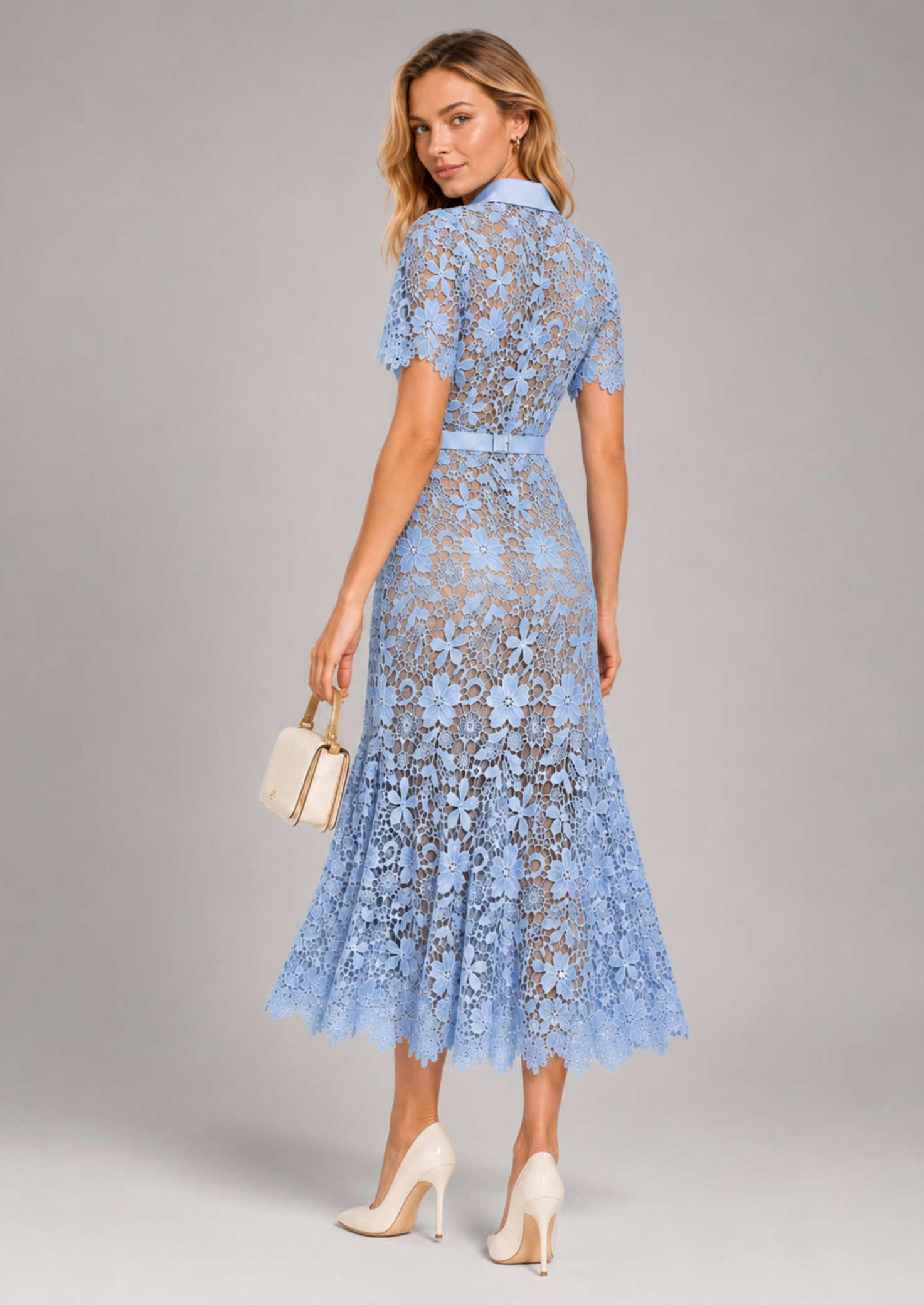Women’s Floral Lace Midi Dress with Short Sleeves and Belt