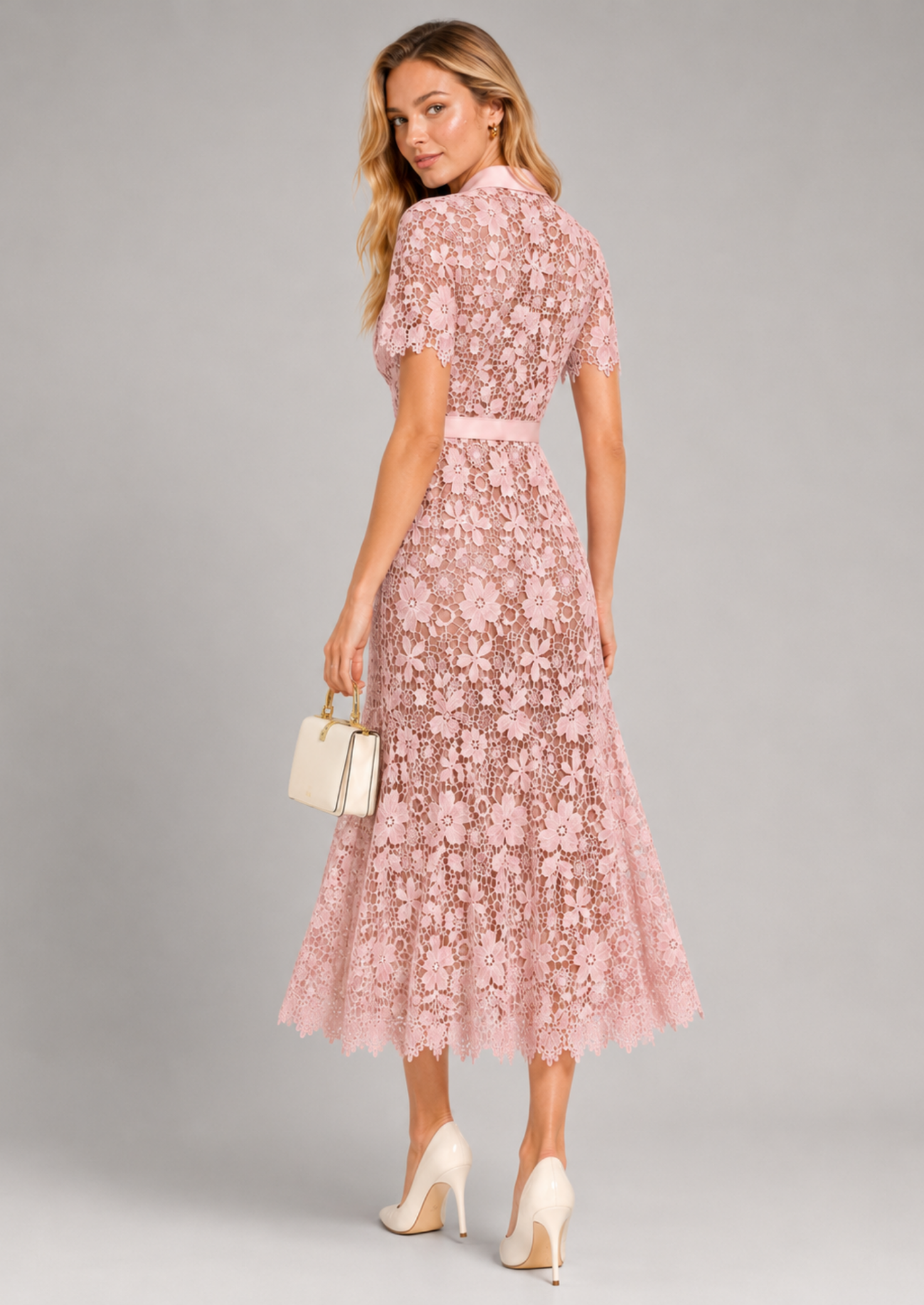 Women’s Floral Lace Midi Dress with Short Sleeves and Belt