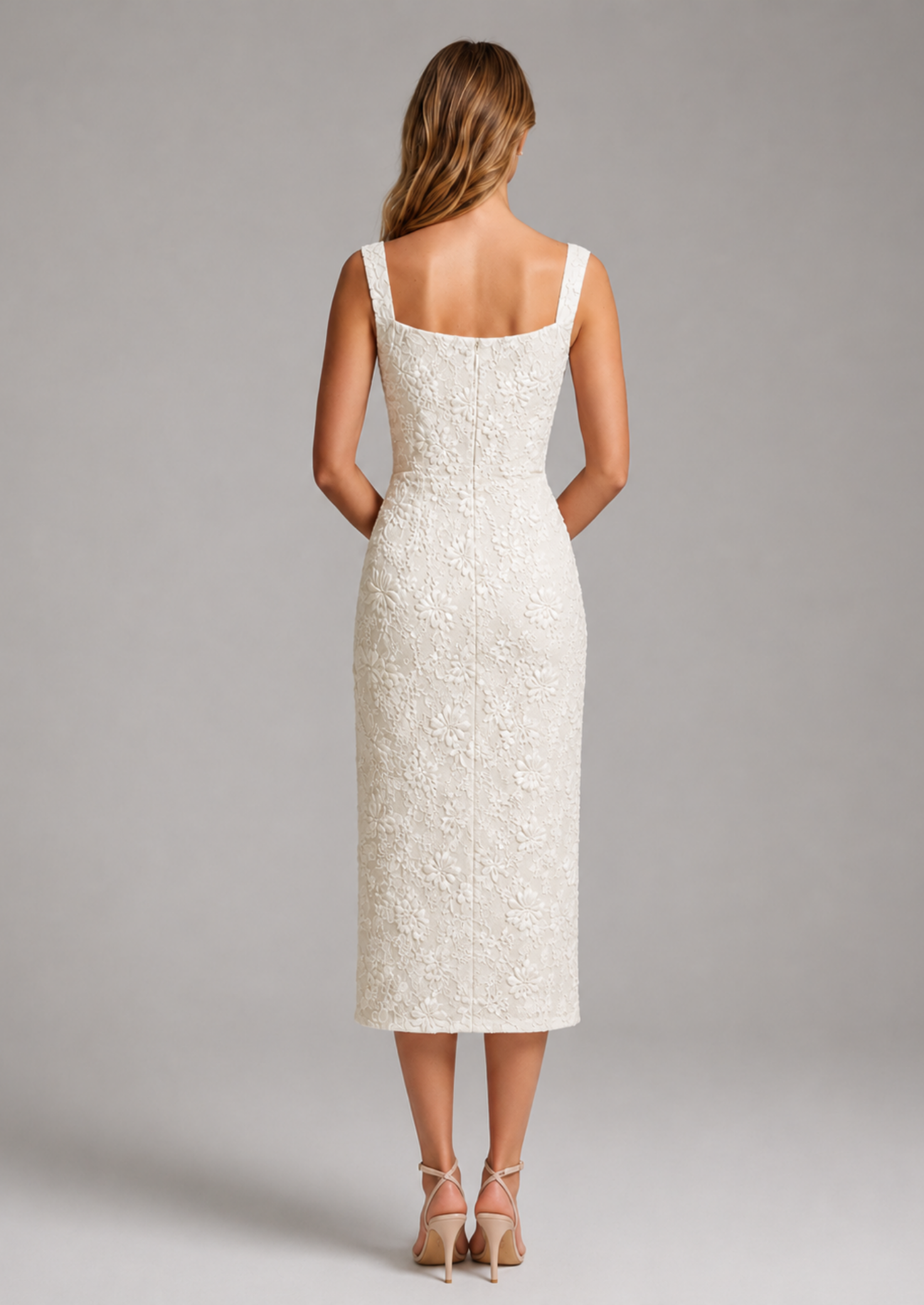 Women’s Floral Lace Midi Dress with Square Neckline