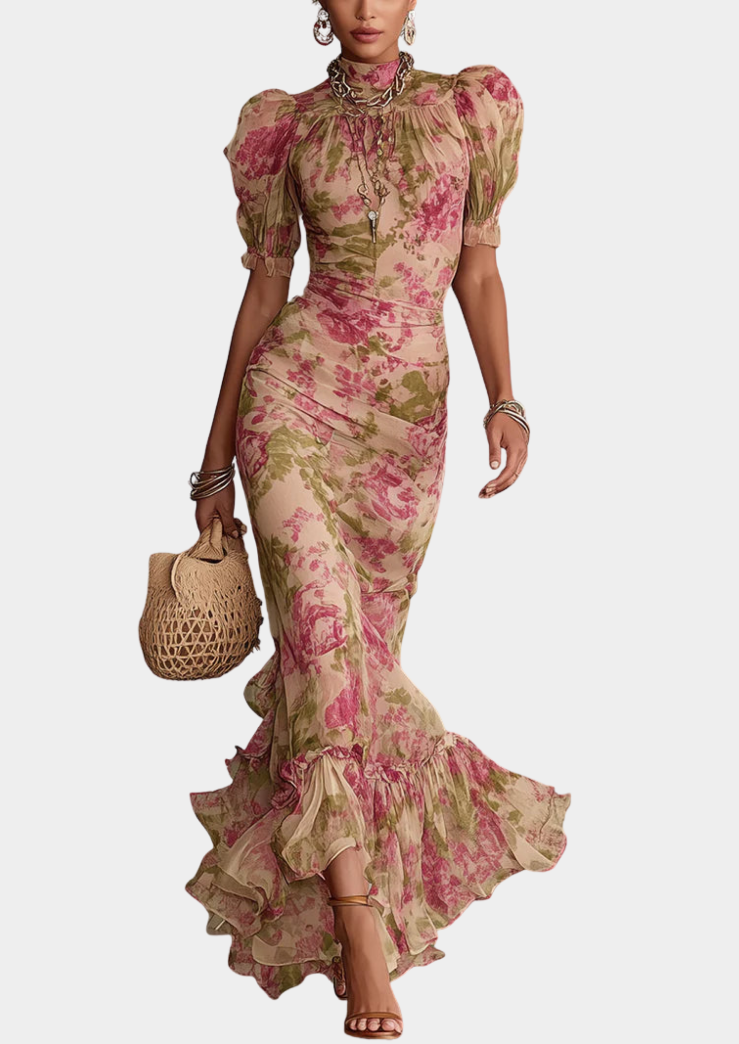 Women’s Floral Maxi Dress with High Neck and Puff Sleeves