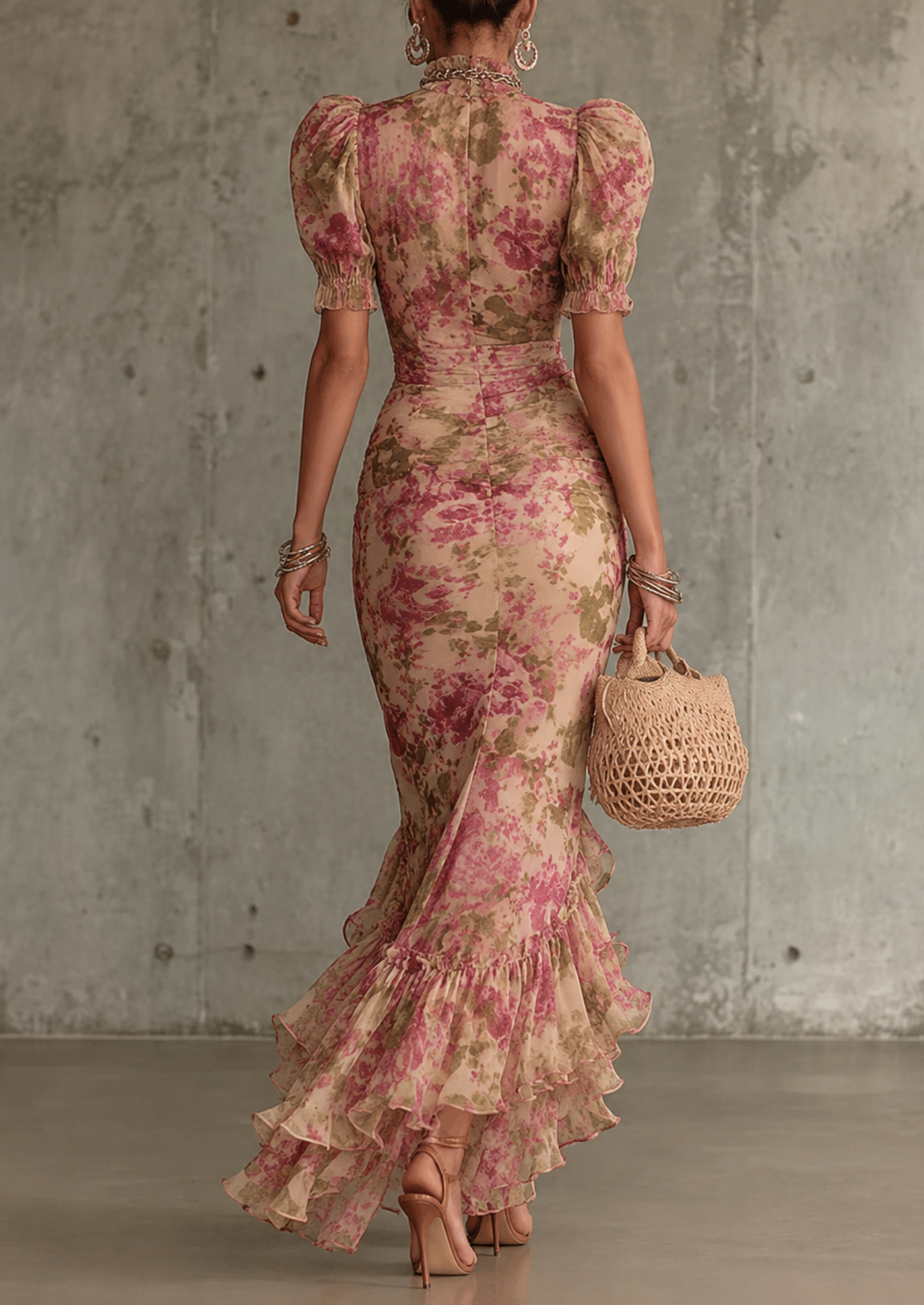 Women’s Floral Maxi Dress with High Neck and Puff Sleeves