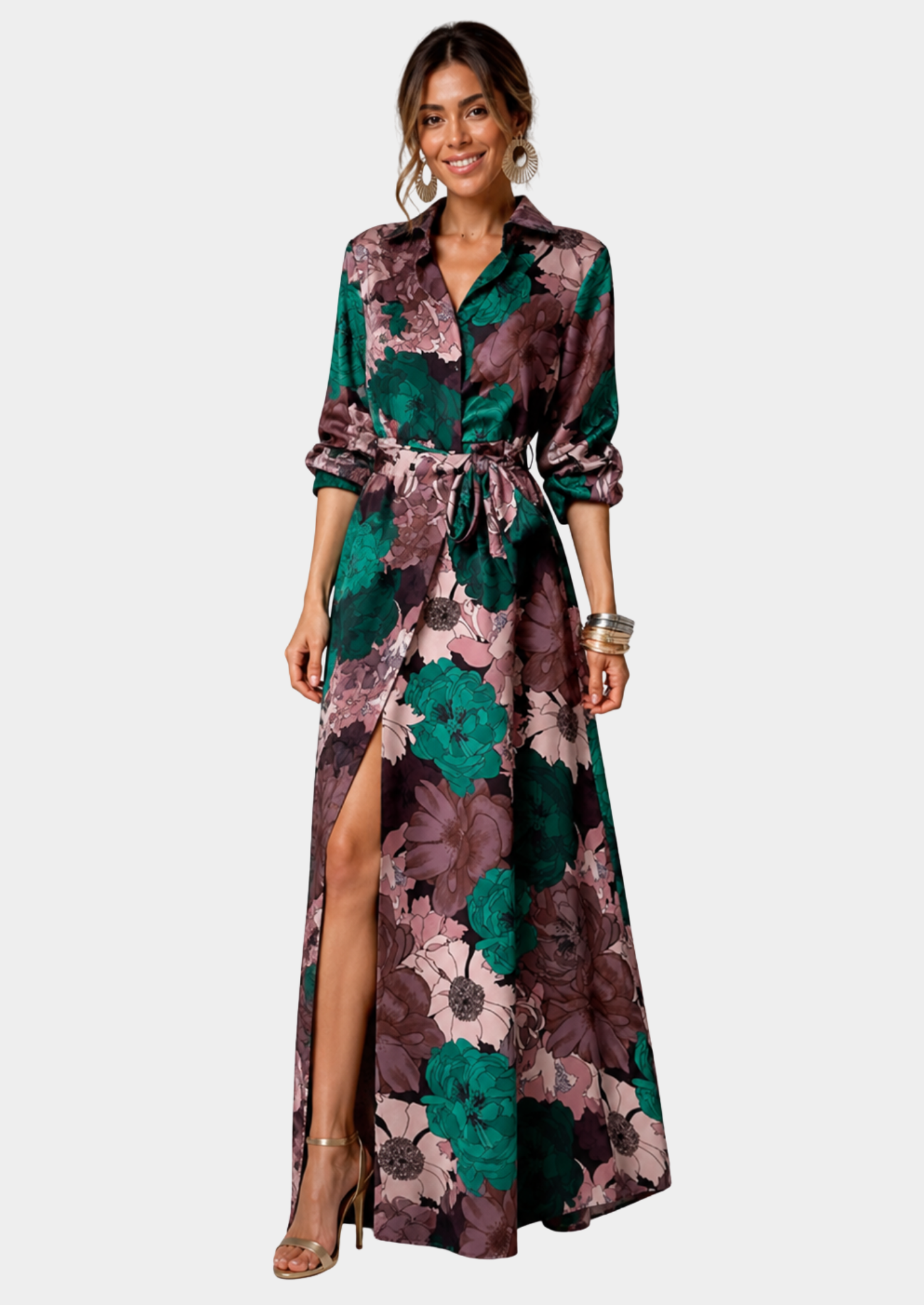 Women’s Floral Maxi Dress with Long Sleeves and Belt