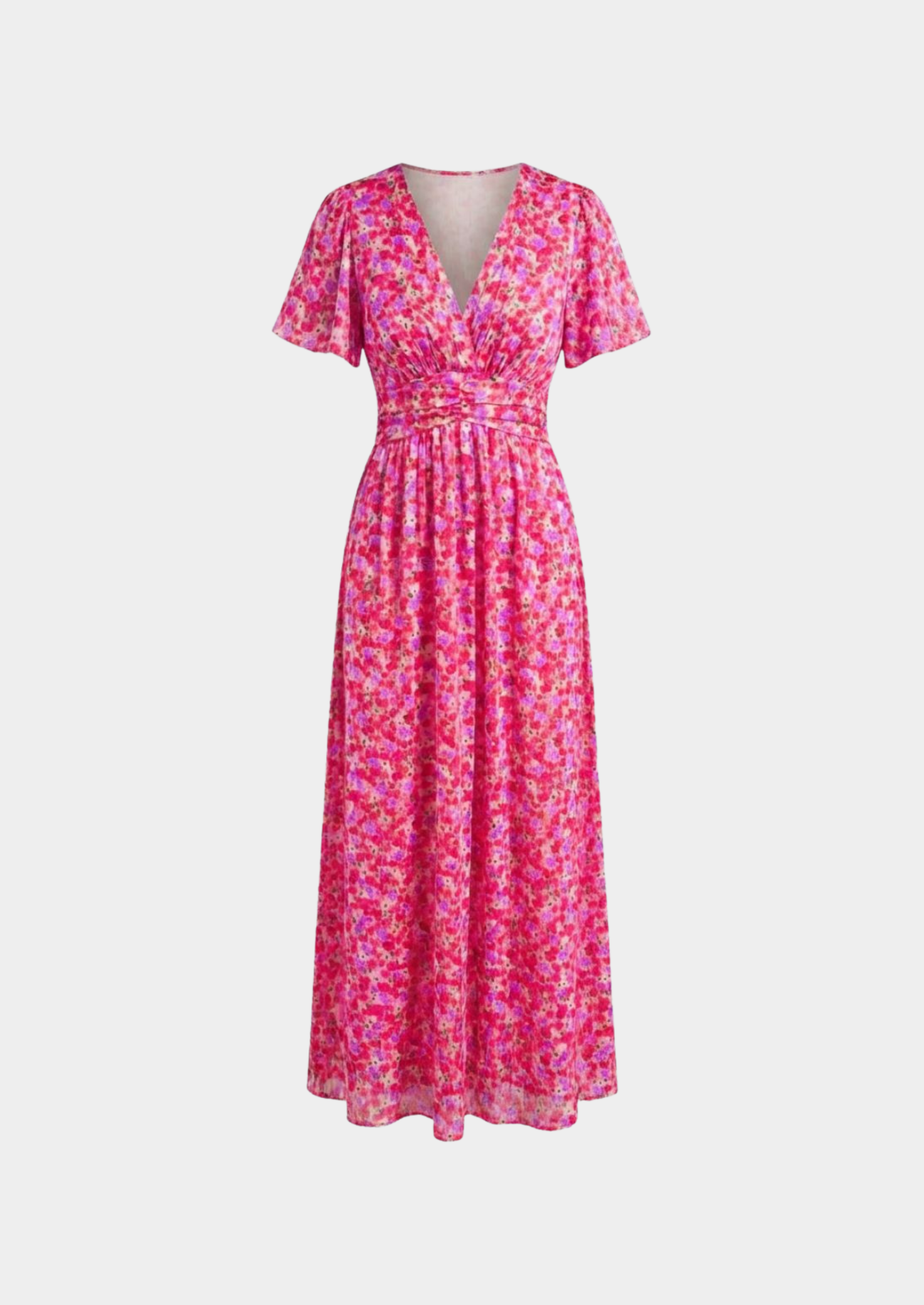 Women’s Floral Maxi Dress with V-Neck and Gathered Waist