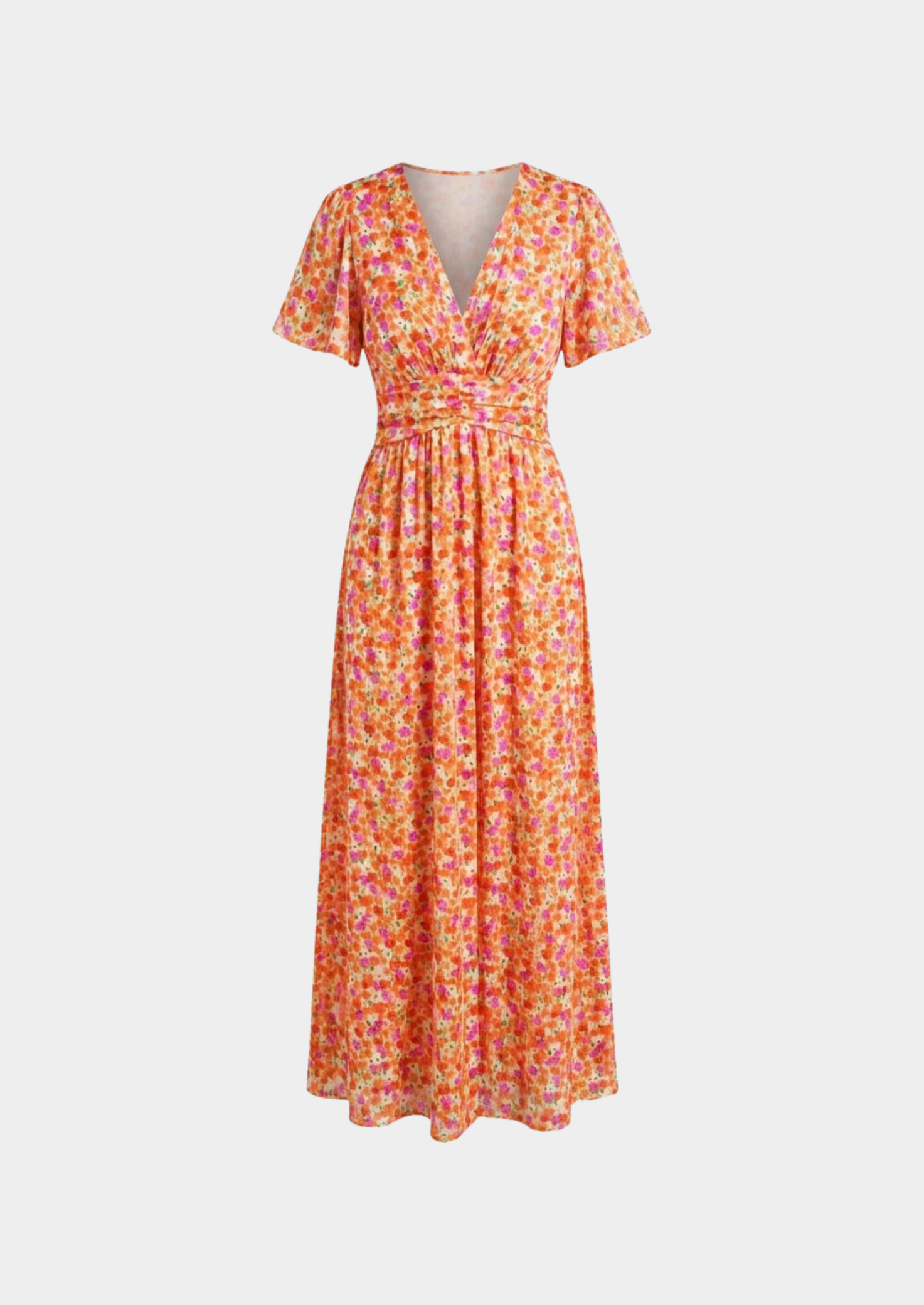 Women’s Floral Maxi Dress with V-Neck and Gathered Waist