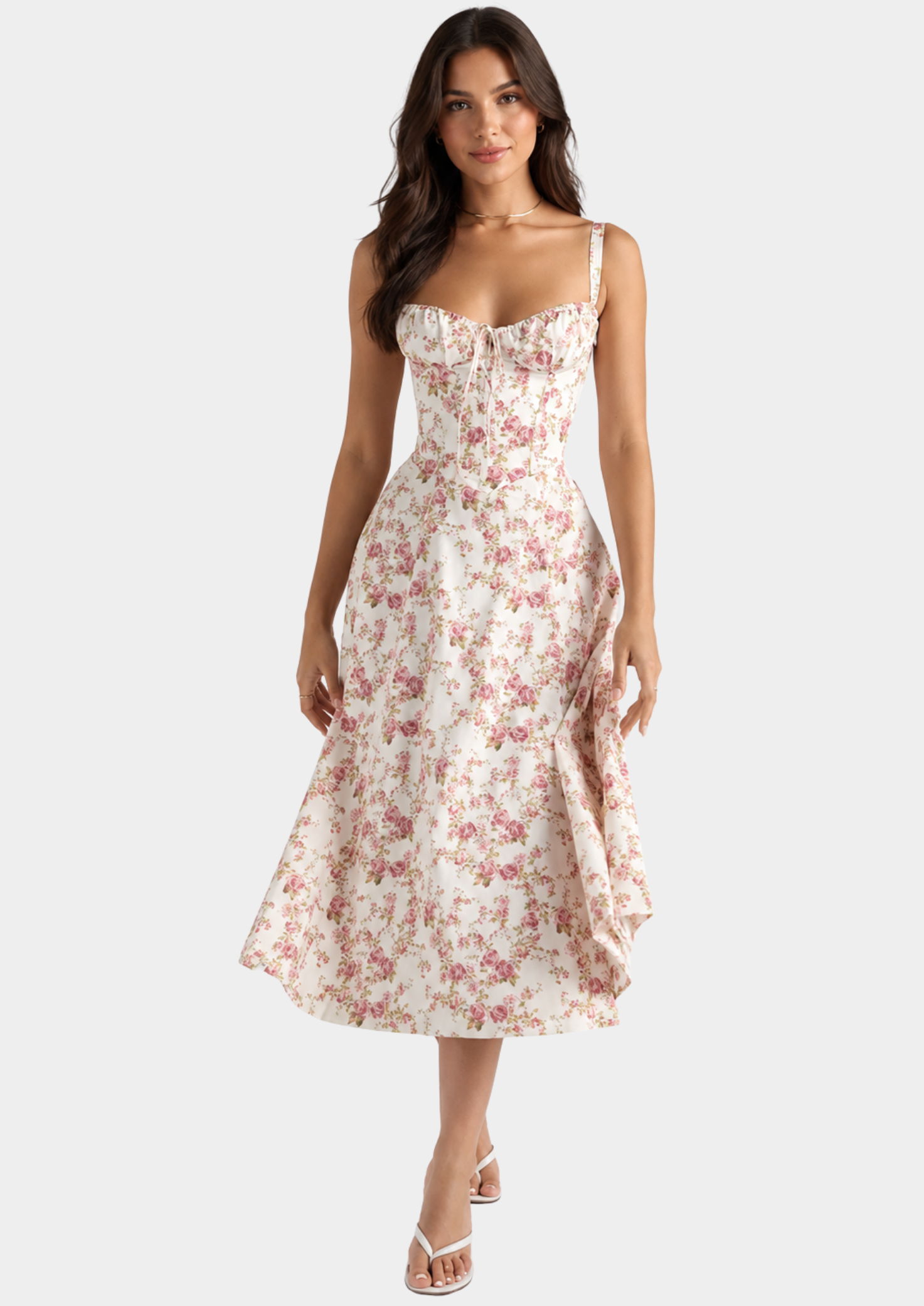 Women’s Floral Midi Dress with Corset Bodice