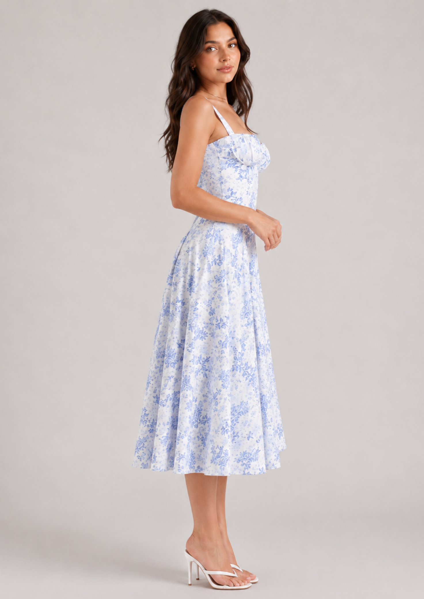 Women’s Floral Midi Dress with Corset Bodice