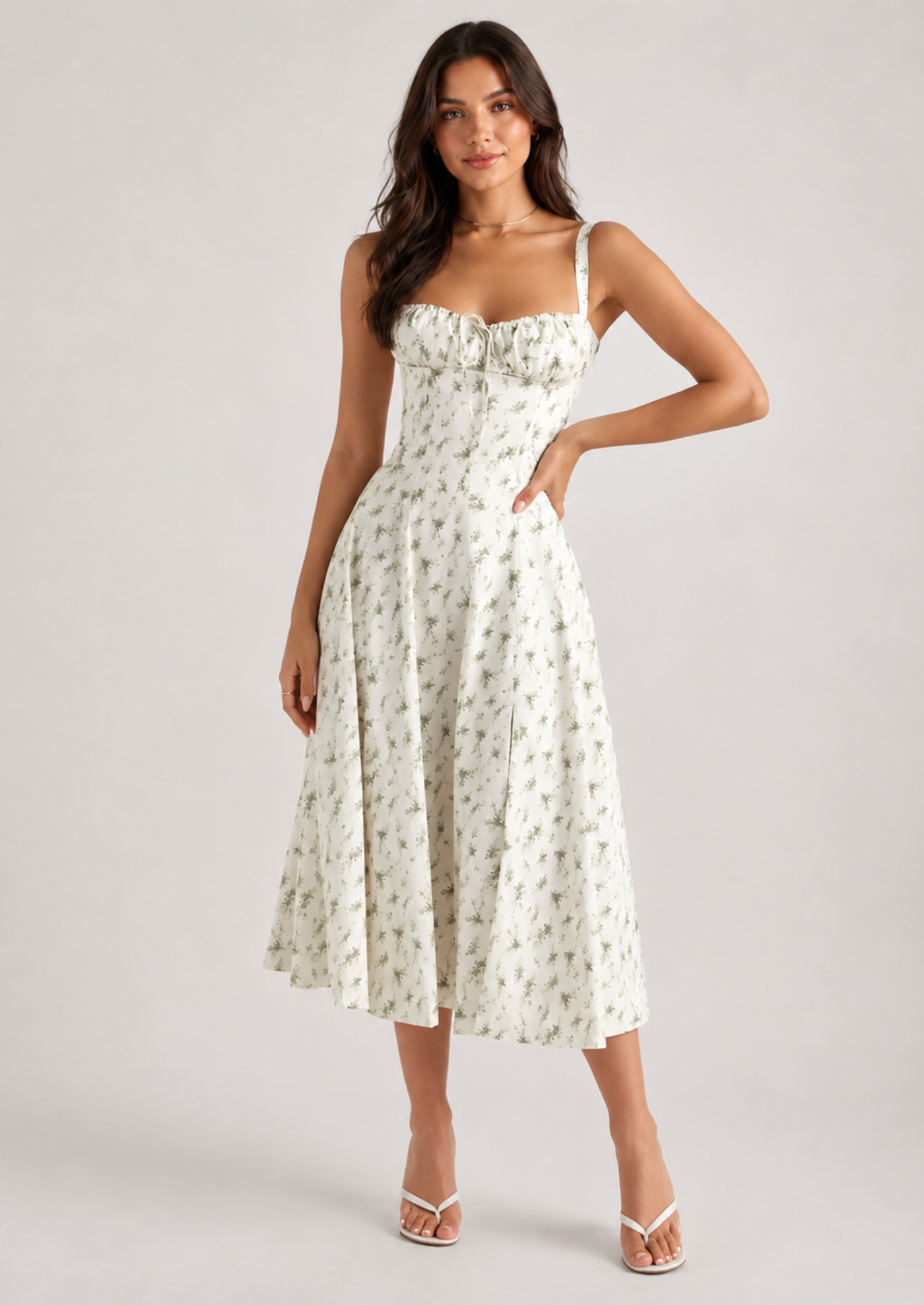 Women’s Floral Midi Dress with Corset Bodice