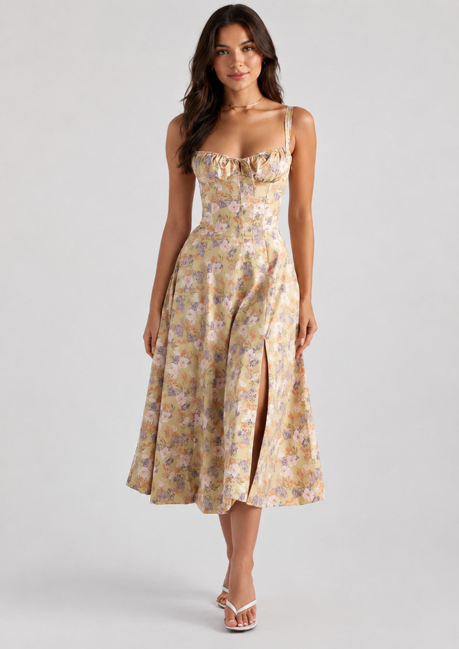 Women’s Floral Midi Dress with Corset Bodice