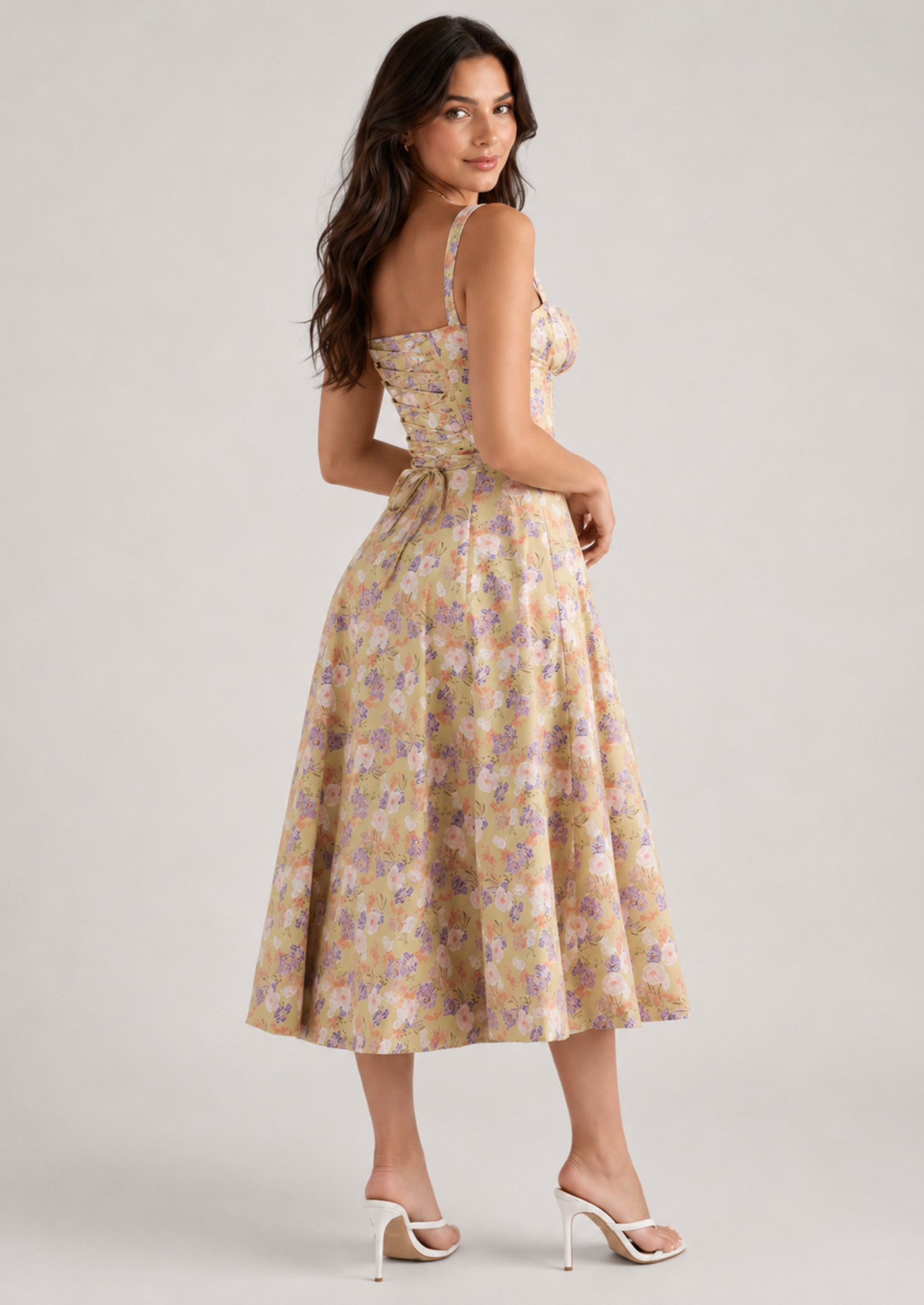 Women’s Floral Midi Dress with Corset Bodice