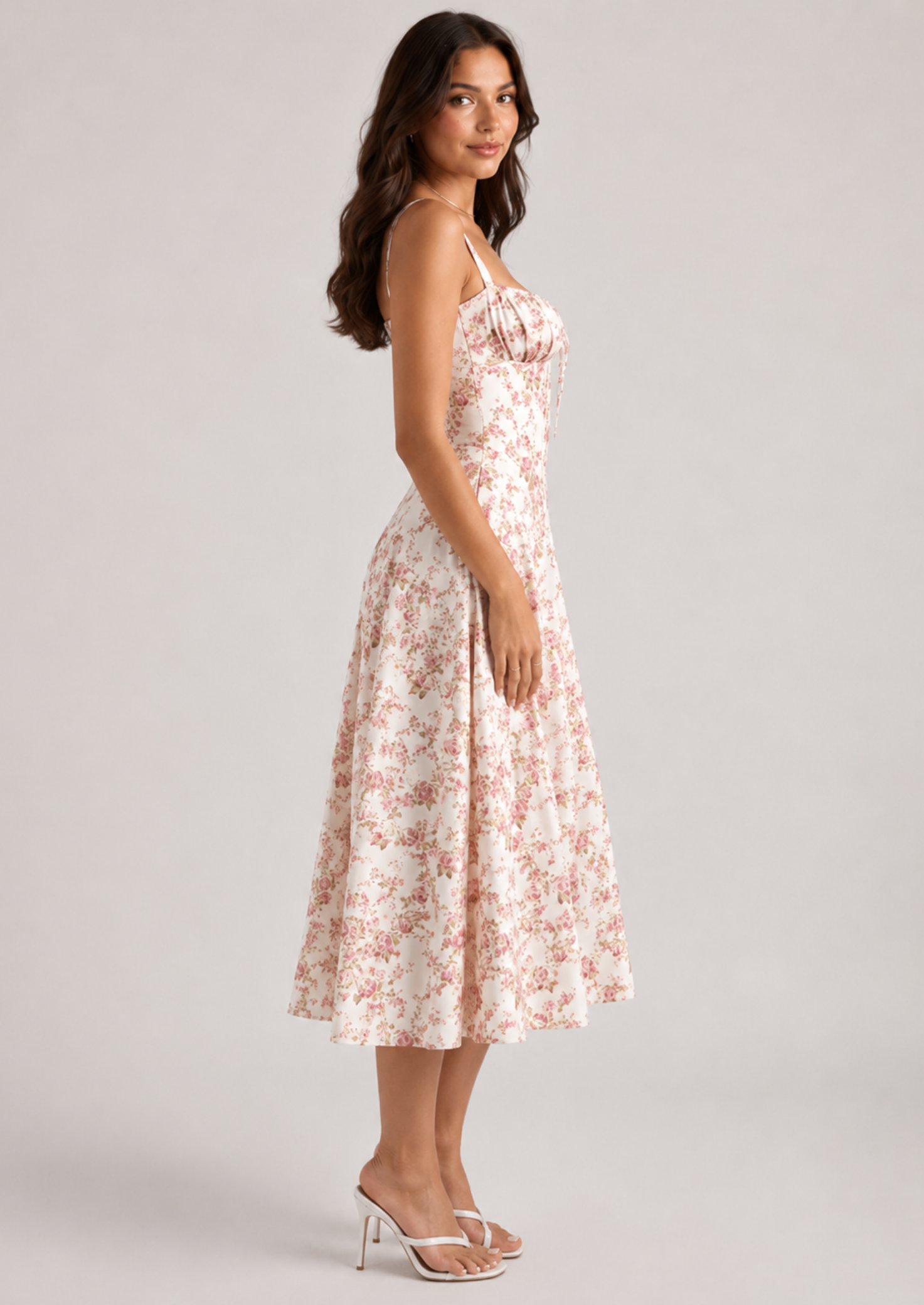 Women’s Floral Midi Dress with Corset Bodice