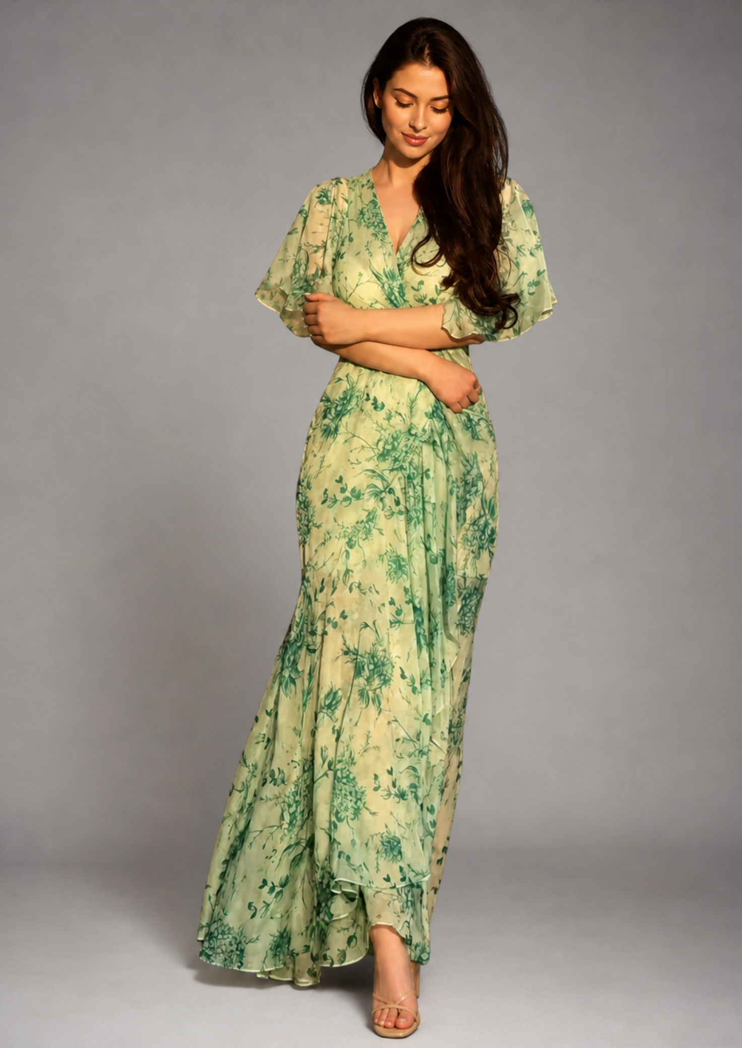 Women’s Floral V-Neck Maxi Dress with Short Sleeves
