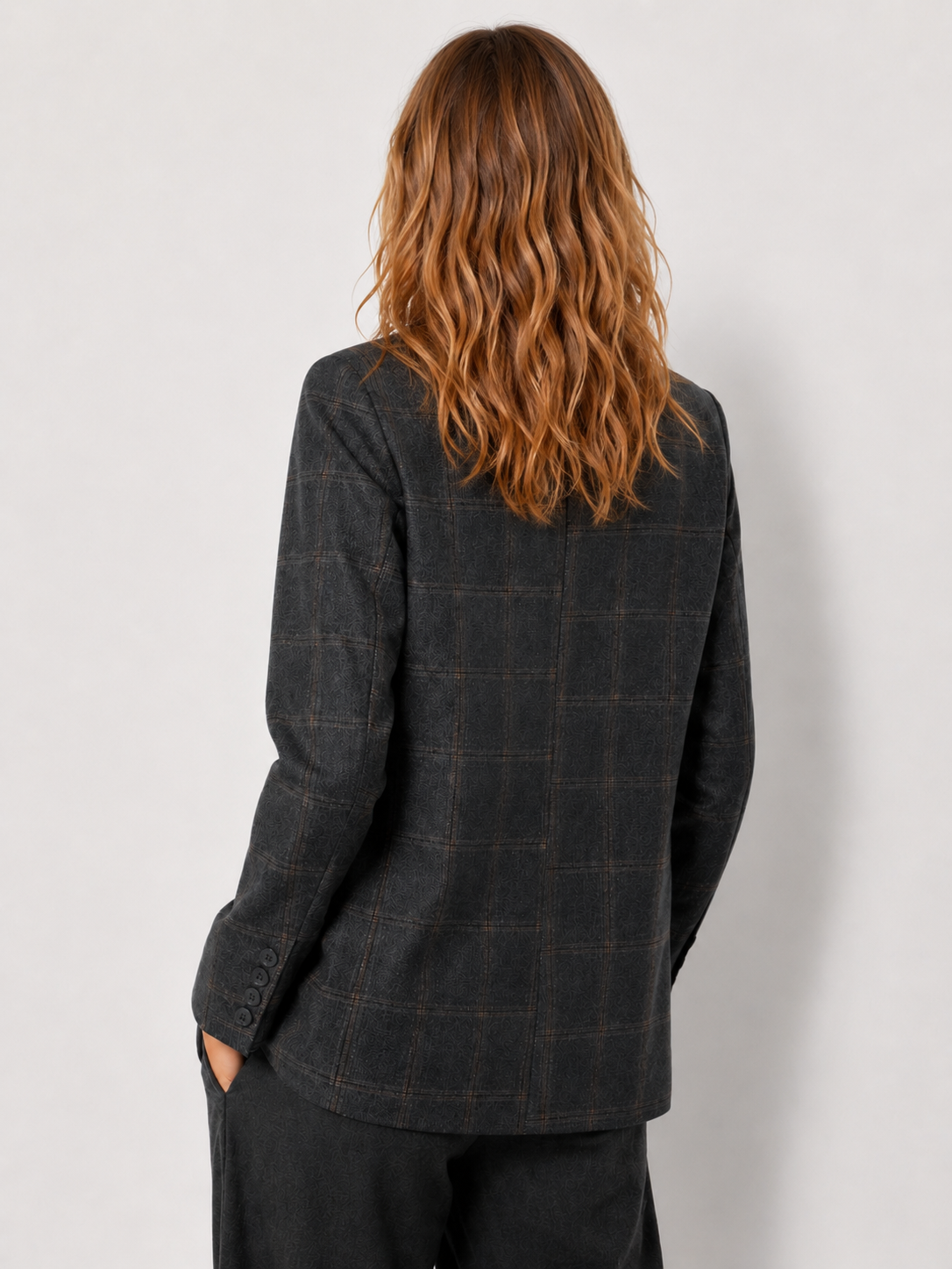 Women’s Grey Plaid Blazer with Asymmetrical Collar