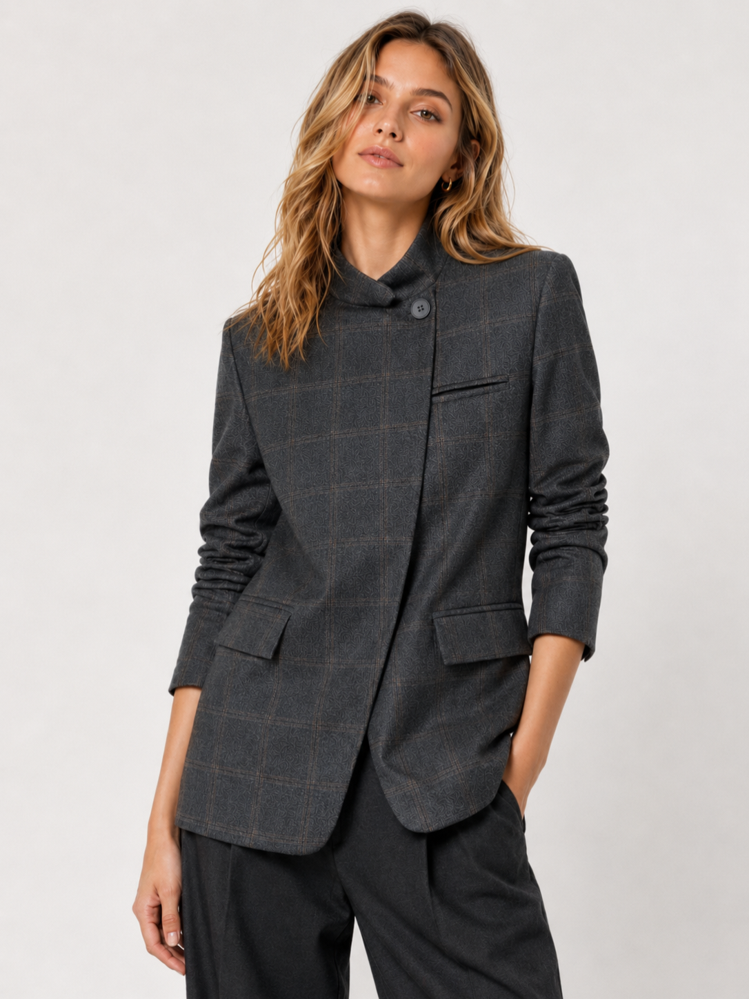 Women’s Grey Plaid Blazer with Asymmetrical Collar