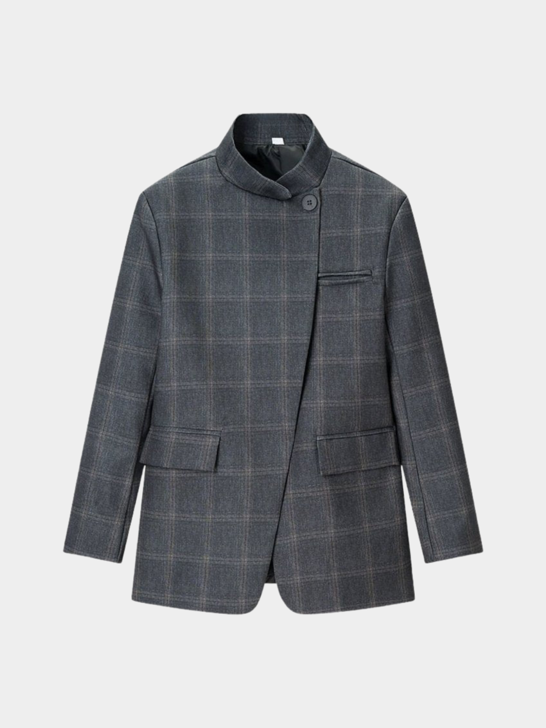 Women’s Grey Plaid Blazer with Asymmetrical Collar
