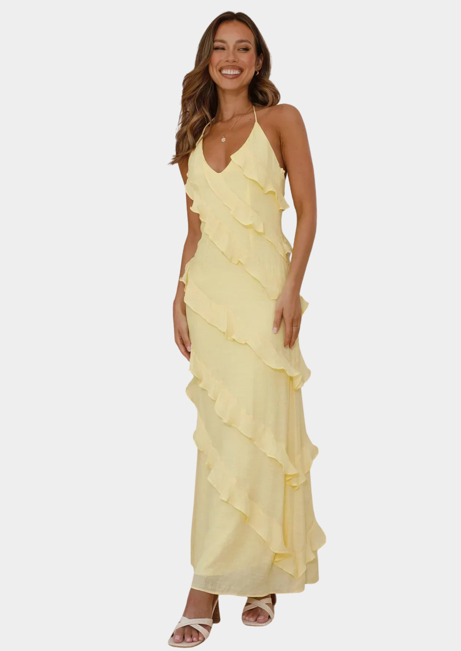 Women’s Halter Neck Maxi Dress with Tiered Ruffle Layers