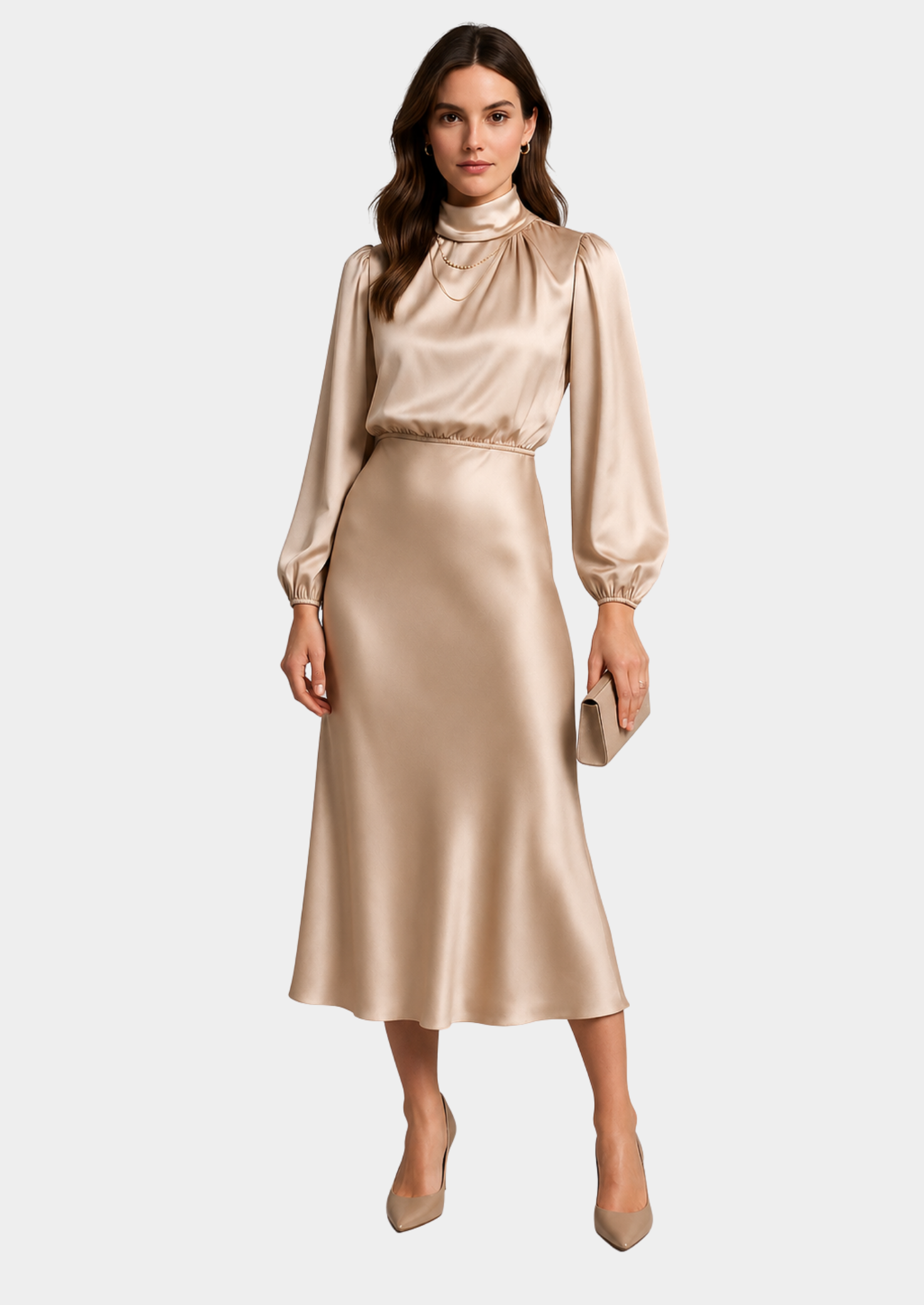 Women’s High Neck Midi Dress with Long Sleeves