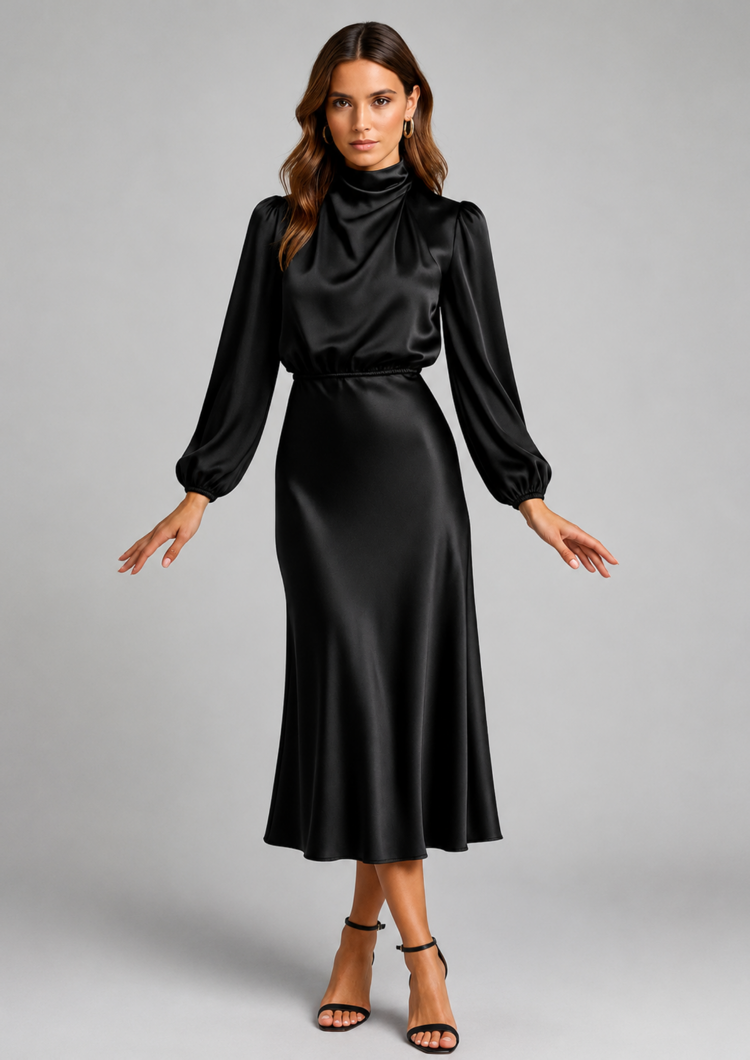 Women’s High Neck Midi Dress with Long Sleeves