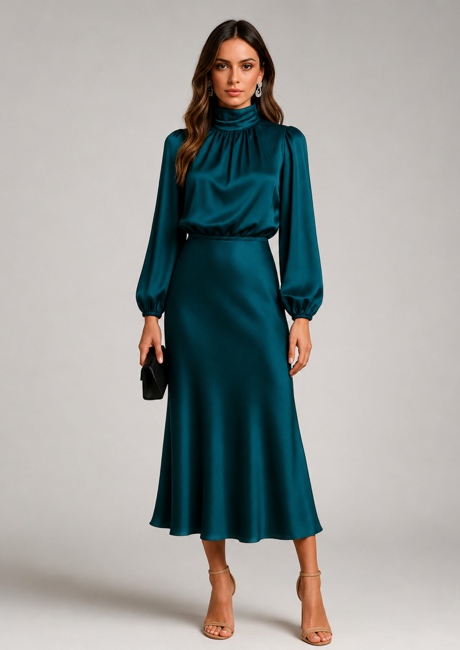 Women’s High Neck Midi Dress with Long Sleeves